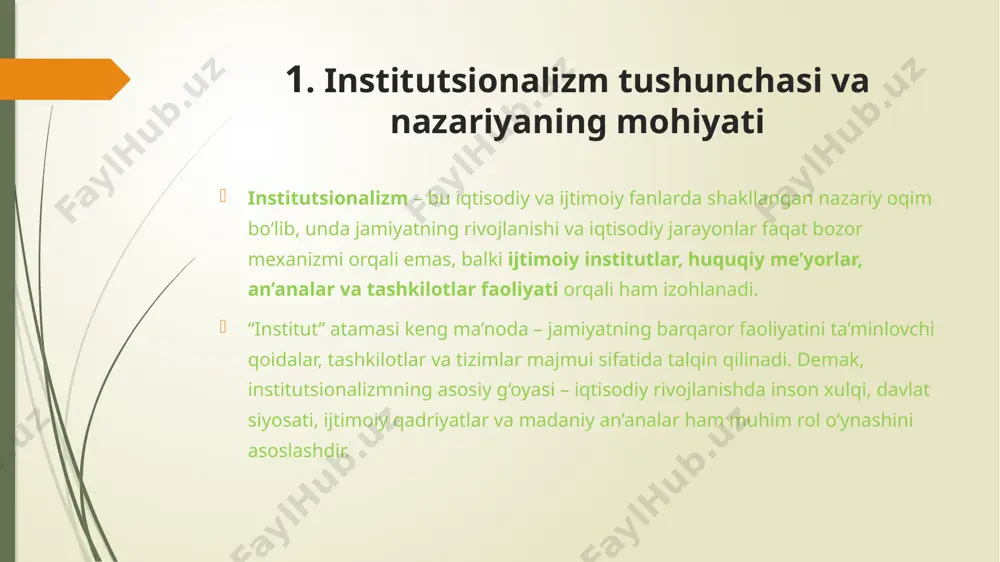 larga tayanish zarur. jon r. commons (1862–1945) asarlari: “institutsional iqtisodiyot”, “mehnat instituti”. asosiy g‘oyalari: iqtisodiy munosabatlarni tushunishda huquqiy institutlar (qonunlar, shartnomalar, sud tizimi) muhim rol o‘ynaydi. davlat iqtisodiy jarayonlarni boshqarishda faol ishtirok etishi kerak. “kollektiv harakat” nazariyasini ilgari surdi, ya’ni iqtisodiy faoliyat ko‘proq jamoaviy va tashkilotlar orqali amalga oshiriladi. xulosa: institutsional nazariyalar, xususan, klassik institutsionalizm iqtisodiy tafakkur rivojida yangi bosqichni boshlab berdi. tornstayn veblen, jon r. commons va uesli mitchellning qarashlari shuni ko‘rsatdiki, iqtisodiy jarayonlarni faqat bozor mexanizmlari bilan izohlash yetarli emas. iqtisodiy rivojlanishda ijtimoiy institutlar, huquqiy tizim, odatlar, an’analar, texnologik taraqqiyot va jamoaviy harakat muhim omillar sifatida qaralishi lozim. klassik institutsionalizmning asosiy yutug‘i shundaki, u iqtisodiyotga kengroq — ijtimoiy, siyosiy va madaniy nuqtai nazardan yondashish zarurligini ko‘rsatib berdi. ularning g‘oyalari hozirgi zamon iqtisodiy nazariyalari, xususan neoinstitutsionalizm uchun poydevor vazifasini o‘tadi. /docprops/thumbnail.jpeg