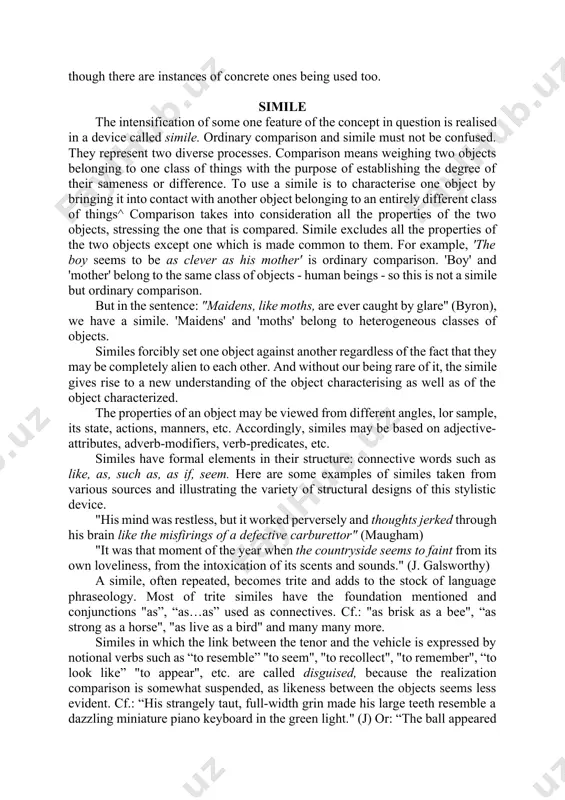 ady teazle or mr. surface immediately raise associations with certain human qualities due to the denotational meaning of the words "to tease" and "surface". the double role of the speaking names, both to name and to qualify, is sometimes preserved in translation. cf. the list of names from another of sheridan's plays, the rivals: miss languish – мисс томнэй; mr. backbite —m-p kлеветаун; mr. credulous — m-p доверч; mr. snake —m-p гад, etc. or from f. cooper: lord chatterino – лорд балаболо; john jaw - джон брех; island leap-high – остров высокопрыгия. antonomasia is created mainly by nouns, more seldom by attributive combinations (as in "dr. fresh air") or phrases (as in "mr. what's-his name"). common nouns used in the second type of antonomasia are in most cases abstract, though there are instances of concrete ones being used too. simile the intensification of some one feature of the concept in …