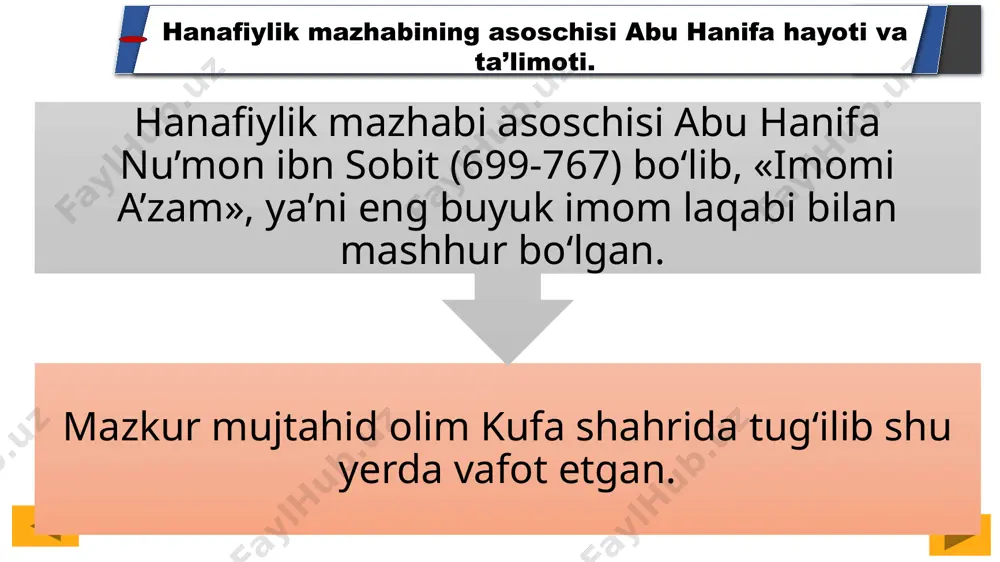 o‘zlardi. biror kishi masala so‘rab kelsa, hozirjavoblik bilan ishni xal qilgan. xanafiyada mo‘tadil islom tamoyili va bag‘rikenglik g‘oyalari. imom abu hanifa qur’on, sunnat, sahobiylarning so‘zlari, qiyos, istehson(chiqarilgan xulosalardan musulmonlar uchun foydaliroq tomonini olish tamoyili), ijmo, urf kabi fiqhiy manba va uslublariga ko‘ra hukm chiqargan. xanafiyada mo‘tadil islom tamoyili va bag‘rikenglik g‘oyalari. fiqhda shunday maqomga erishganki, har bir oyat va hadisdan kerakli fiqhiy xulosalar chiqara olgan. abu hanifa hadisni, sahobiylar so‘zini puxta o‘zlashtirgan. rivoyatlarning birida ustozi sha’biy bir masalada murojaat qiladi. abu hanifa unga javob beradi. shunda ustozi buni (javobni va unga hujjatni) qaerdan olding deb so‘raganda, abu hanifa o‘zingiz rivoyat qilgan hadisdan oldim deb hadisni aytadi. javobdan so‘ng sha’biy: «sizlar tabiblarsiz, ey faqihlar jamoasi, biz (muhaddislar) dorishunosmiz», deydi. hadislarning sahih va zaifini ajratib, ayniqsa, hadislardan chiqariladigan hukmlarning to‘g‘ri bo‘lishiga katta e’tibor qaratgan. hanafiyaning islom fiqhi tarixidagi o‘rni. imom abu hanifa hadis ilmida ham yuqori martabalarga erishgan. 1. ko‘plab olimlar qatori …