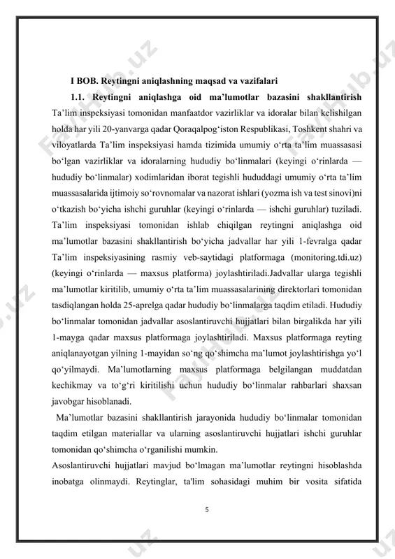 alarining faolliklarini va samaradorligini tahlil qilishda yordam beradi. to'plangan ma'lumotlar qayta ishlash jarayonidan o'tkaziladi. bu, ma'lumotlarni tekshirish, to'plangan ma'lumotlarni reytingga o'ylab bergan ma'lumotlarga aylantirish va ma'lumotlarni to'g'ri formatga o'tkazishni o'z ichiga oladi. ma'lumotlarni qayta ishlash jarayoni ma'lumotlar bazasining haqiqiy va aniqlikka ega bo'lishini ta'minlaydi. ma'lumotlarni qayta ishlashdan so'ng, reytingni hisoblash jarayoni boshlanadi. bu jarayonda ma'lumotlarga baho berish va umumiy reytingni topish kutiladi. o'quv muassasalarining samaradorligini baholashda o'quvchilar soni, o'quvchilarning akademik natijalari, o'quvchilarning o'zlashtirilishi va qiziqishlari, o'quvchilarning qatnashish darajasi sport va boshqa faoliyatlar kabi ma'lumotlarning hammasi hisobga olinadi. bunda, ma'lumotlarni tartibga solish, bog'lanishlar va ko'rsatkichlar o'rniga keladi va umumiy reytingni hisoblashga asos bo'ladi. 1.2.timss maqsadi, mamlakatlar o'rtasidagi ta'lim saviyalarini solishtirib, ta'lim sistemalarini takomillashtirish insoniyat taraqqiyoti, barcha sohalarda kechayotgan globallashuv jarayonlar, sifat va tarkibiy o'zgarishlar xalqaro hamkorlik va aloqalarni yangi bosqichga ko'tarish barobarida har bir mustaqil mamlakatning ushbu holatlarga yangicha qarashga, ular bilan birga odim tashlash vazifasini ko'ndalang qo'ymoqda. bu esa, eng …