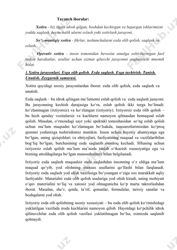 an (ixtiyorsiz) va ko‘zlangan (ixtiyoriy). ixtiyorsiz esda olib qolish – bu hech qanday vositalarsiz va kuchlarni namoyon qilmasdan bemaqsad eslab qolish. masalan, o‘rmondagi sayr yoki spektakl tomoshasidan so‘ng eslab qolish uchun ma’lum maqsadni ko‘zlamagan bo‘lsakda, taassurotlarimizdan ko‘proq qismini yodimizga tushirishimiz mumkin. inson uchun hayotiy ahamiyatga ega bo‘lgan, uning qiziqishlari va ehtiyojlari, faoliyatining maqsad va vazifalaribilan bog‘liq bo‘lgan, barchasining esda saqlanib osonroq kechadi. shuning uchun ixtiyorsiz eslab qolish ma’lum ma’noda tanlab o‘tkazish xususiyatiga ega va bizning atrofdagilarga bo‘lgan munosabatimiz bilan belgilanadi. ixtiyoriy esda saqlash maqsadsiz esda saqlashdan insonning o‘z oldiga ma’lum maqsad qo‘yib, yod olishning maxsus usullarini qo‘llashi bilan farqlanadi. ixtiyoriy esda saqlash yod olish vazifasiga bo‘ysungan o‘ziga xos murakkab aqliy faoliyatdir. matarialni esda olib qolish usulariga yod olish kiradi, uning mohiyati o‘quv materialini to‘liq va xatosiz yod olmagunicha ko‘p marta takrorlashdan iborat. masalan, she’r, qoida, ta’rif, qonunlar, formulalar, tarixiy sanalar va boshqalarni yod olish. ixtiyoriy esda oib qolishning asosiy xususiyati …