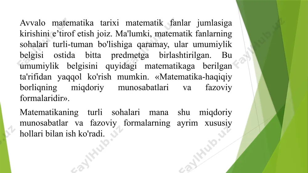 igan matematika o'zi uchun, matematikaning boshqa sohalari uchun tatbiq etishga ancha torlik qilib qoldi. sababi, matematika juda ko'p tarmoqlarga ajralib ketdi, unda aksiomatik metod keng rivojlandi, natijada yangi matematik tushuncha-mate­matik struktura vujudga keldi. matematik struktura tushunchasi bir qaraganda bir-biridan juda uzoq tuyulgan matematik faktlar va metodlarning birligini o'rgatishga yordam beradi. o'zgaruvchi miqdorlar matematikasi davri. bu davr r.dekart (1596-1650) tomonidan analitik geometriyaning uzul-kesil yaratilishi, i.nyuton (1642-1727) va leybnis (1646-1716) lar tomonidan differensial va integral hisobning vujudga kelishi bilan boshlanadi. davrini oxiri xix asrning yarmigacha boradi. bu davrda matematika hozirgi zamon ko'ri-nishiga keldi. xuddi shu davrda klassik matematika deb ataluvchi matematikaning hamma ilmiy asoslari hosil bo'ladi. ma’lumki, matematika elementlari ixtiyoriy bo'lgan to'plamlar ustida amallar bajaradi va turli munosabatlarni qaraydi. to'plam­larning elementlari ularni boshqaruvchi aksiomalarga bog'liq ra­vish­da turli matematik strukturalar hosil qiladi. keyingi payt­lar­da matematikaning turli bo'limlarini, hatto ayrim matematik pred­metlarni o'sha strukturalarning modeli sifatida talqin qilina bosh­ladi. shu sababli hozirgi zamon matematikasini …
