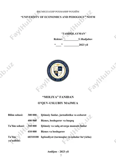 o'quv-uslubiy majmua "moliya" fanidan — DOCX