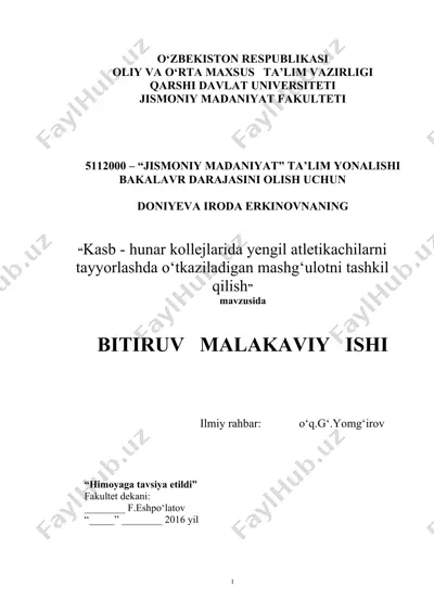kasb - hunar kollejlarida yengil atletikachilarni tayyorlashda o‘tkaziladigan mashg‘ulotni tashkil qilish — DOC