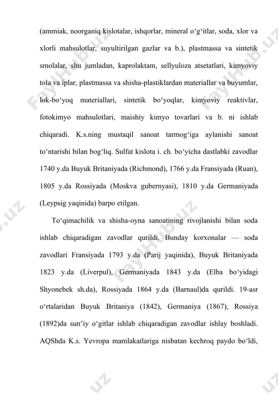 chiqariladi. respublika k.s. korxonalari bir yidda 2,8 mln. t azotli, 1,25 mln. t fosforli oʻgʻitlar i.ch. quvvatlariga ega. k.yeda mineral oʻgʻitlar i.ch. hajmi respublika q.x. ehtiyojlarini toʻla taʼminlashi bilan birga ularning bir qismi chetga ham chiqariladi. sulfat kislotasi k.s. tarmoqlari uchun muhim xom ashyodir. respublikada sulfat kislota ishlab chiqaradigan yirik quvvatlar olmaliq "ammofos" aj, samarqand kimyo zavodi, navoiy kon-metallurgiya k-ti, olmaliq konmetallurgiya k-tida barpo etilgan. soda sanoatining markaziy osiyo mamlakatlarida yagona boʻlgan korxonasi — qoʻngʻirot soda zavodi qurilishi 1995 y.dan boshlandi (yillik loyiha quvvati 210 ming t soda) va 2004 y.da ishga tushiriladi. oʻsimliklarni himoya qilishning kimyoviy vositalari (defoliant, desikat, gerbitsid, insektitsid, foʻngitsidlar) fargʻona "azot" ishlab chiqarish birlashmasida (1965 y.dan, magniy xlorat defolianti), navoiy "elektrokimyo zavodi" aj (1960 y.dan, gerbitsidlar — nitran, kotoraya, bronotak, insektitsidlar — fozalon, treflan va b.) ishlab chiqariladi. respublika q.x.da oʻsimliklarni kasallik va zararkundalardan kimyoviy himoya qilishda koʻllaniladigan oltingugurt kukuni shoʻrsuv kon-kimyo korxonasida hamda muborak va …