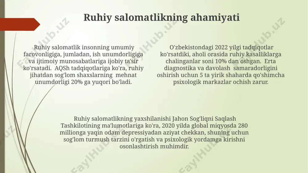 unosabatlardagi qiyinchiliklar bilan bog'liq. ruhiy kasalliklar nima? ruhiy kasalliklar, masalan, depressiya yoki xavotir buzilishi, dunyo bo'ylab 450 milliondan ortiq odamga ta'sir qiladi va jahon sog'liqni saqlash tashkiloti (jsst) ma'lumotlariga ko'ra, nogironlikning asosiy sabablaridan biri hisoblanadi. ruhiy kasalliklarning diagnostikasi va davolash usullari, xususan, psixoterapiya va farmatsevtika vositalaridan foydalanish, amerika psixiatriya assotsiatsiyasi (apa) tomonidan ishlab chiqilgan dsm-5 qo'llanmasiga asoslanadi. o'zbekistonda ruhiy salomatlik muammolari bilan kurashish uchun turli xil dasturlar, jumladan, 20 dan ortiq ixtisoslashgan tibbiyot muassasalarida yordam ko'rsatiladi va psixologik yordam xizmatlari taqdim etiladi. stigma va uning oqibatlari stigma ruhiy salomatlik muammolari bilan kurashuvchi 20% dan ortiq odamlarga tibbiy yordam olishga toʻsqinlik qiladi, bu esa oʻzbekiston kabi rivojlanayotgan mamlakatlarda davolanishning kechikishiga olib keladi. qoʻshma shtatlardagi tadqiqotlar shuni koʻrsatadiki, ruhiy kasalliklardan aziyat chekayotgan 30% dan ortiq odamlar oʻzlarining holatini boshqalarga aytishdan qoʻrqishadi, bu esa ularni izolyatsiya holatiga olib keladi. jahon sogʻliqni saqlash tashkilotining maʼlumotlariga koʻra, stigmaning oqibatlari yiliga 100 mingdan ortiq oʻlimga sabab …