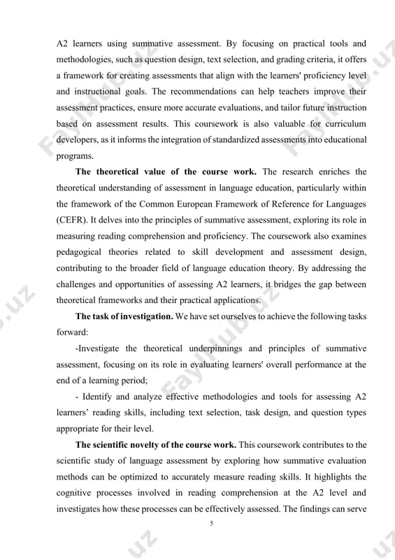 practices in language education and assessment, fostering a more systematic approach to evaluating language proficiency. the structure of the course work. the course work consists of introduction, 2 chapters, conclusion and list of used literature as well as the internet recourses. introduction has general information about the problem, reveals the aim, duties, methods of the work. each chapter consists of smaller parts and paragraphs and contains important information and salvation of the pointed duties of the work. chapter i.common european framework of reference for languages (cefr) and a2 level 1.1.relevance of assessing reading skills at the a2 level assessing reading skills at the a2 level is highly relevant in language learning as it plays a critical role in tracking learners’ progress, identifying their strengths and weaknesses, and ensuring they meet the expected proficiency standards outlined by the common european framework of reference for languages (cefr). at this level, learners are …