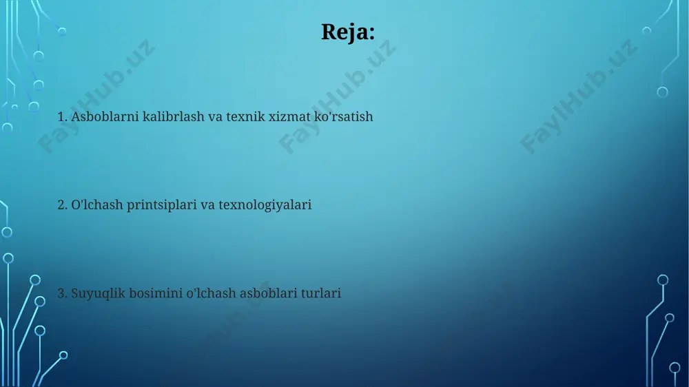 farqini o'lchashga asoslangan. elektron bosim sensori (piezoresistiv yoki kapasitiv) katta diapazondagi (1-1000 bar) bosimni yuqori tezlikda o'lchash imkonini beradi, raqamli signal chiqishi bilan jihozlangan va avtomatlashtirilgan tizimlarda qo'llaniladi. xatoliklar va ularni kamaytirish босим ўлчов асбобларининг 0,5% дан юқори бўлган тизимли хатоликларини камайтириш учун, калибровкадан ўтишдан олдин асбобларни 24 соат давомида мувозанатланган ҳароратда сақлаш тавсия этилади. суюқликнинг юқори ёпишқоқлиги (1000 спз дан юқори) ўлчовдаги хатоликни 5-10% гача ошириши мумкин; бундай ҳолатда, ўлчовдан олдин суюқликни ҳароратни кўтариш орқали суюлтириш мақсадга мувофиқдир. manometrik usullar манометрик усулларда суюқлик босимини ўлчашда u-шаклли трубкалардан фойдаланилади, бунда суюқликнинг икки тарафдаги баландликлари фарқи босимга тўғридан-тўғри пропорционал бўлади, одатда 10-20 см сутун баландлигида ўлчанади. суткунли манометрлар, суюқликнинг 10-100 мм сутун баландлигини ўлчаш орқали, юқори дақиқликдаги ва кам хатолик билан босимни аниқлаш имконини беради, бу эса кўплаб саноат жараёнларида қўлланилади. e'tiboringiz uchun rahmat @taqdimot_robot image3.jpg image4.jpg image5.jpg image6.jpg image7.jpg image8.jpg image9.jpg image2.png