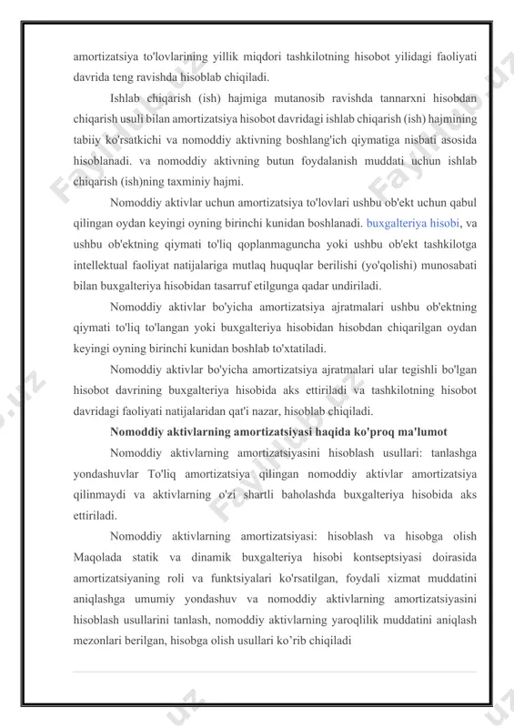 ar bilan to'ldirish maqsadga muvofiqdir. amortizatsiya qilinadigan va amortizatsiya qilinmaydigan nomoddiy aktivlarning qiymatini tavsiflash imkonini beradigan amortizatsiya qilinadigan va amortizatsiya qilinmaydigan nomoddiy aktivlar nisbati 5-jadvalda nomoddiy aktivlarning holati va harakatini baholash uchun jadvalda keltirilgan ko'rsatkichlarni hisoblang. 11. iqtisodiyotning innovatsion rivojlanishi omili sifatida nomoddiy aktivlar bo'yicha amortizatsiya mukofoti v buxgalteriya hisobi nomoddiy aktivlar amortizatsiyasining tezlashtirilgan usullari nomoddiy aktivlar qiymatini hisobdan chiqarishning quyidagi usullarini o'z ichiga oladi: qoldiqni kamaytirish usuli 12. korxonaning asosiy kapitalini boshqarish uchun moliyaviy vositalar va ularni belarus respublikasida qo'llashning o'ziga xos xususiyatlari belarus respublikasi moliya vazirligi tomonidan belarus respublikasi iqtisodiyot vazirligi tomonidan tasdiqlangan asosiy vositalar va nomoddiy aktivlarning amortizatsiyasini hisoblash tartibi to'g'risidagi yo'riqnoma. belarus respublikasi 13. rossiya va xalqaro amaliyotda nomoddiy aktivlar 2007 yil 14 ras tomonidan o'rnatilgan nomoddiy aktivlar uchun amortizatsiyani hisoblash usullari 38 ias ga mos keladi va quyidagilarni o'z ichiga oladi. 14. nomoddiy aktivlar va ularning turli xil moliyaviy hisobot tizimlaridagi qiymati umuman olganda, balans …
