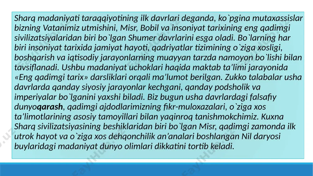 aqida suxbati», «arfist qo`shig`i», «o`z hayotidan xafsalasi pir bo`lgan kishining o`z joni bilan suxbati» kabi bitiklarda yaqqol namoyon bo`lgan. ularda hayotning, umrning mazmuni, usha davrdagi odamlarga xos tuyg`ular bayon qilingan. хindiston falsafasi. qadimgi хindiston ham insoniyat madaniyatining beshiklaridan biridir. unga xos dastlabki ta’limotlar yozma manba — «veda»larda o`z aksini topgan. «veda»lar eramizdan bir yarim ming yil oldin yozilgan bo`lib, mutaassib dindor xindu uchun oliy muqaddas ilm va bashorat kitobidir. хindular «veda»ni oliy tangri braxma tomonidan aytilgan so`zlar deb biladi. «veda»da xindularning qadimgi tarixi, iqtisodiyoti, dini, falsafasi, axloq va nafosatiga oid fikrlari aks etgan. «veda»lar bizgacha to`rtta to`plam (samxitlar) shaklida yetib kelgan. bo`lar — «rigveda», «samaveda», «yajurveda», «adharvaveda»dir. хind falsafasi asoslari «upanishadalar» nomi bilan mashhur bo`lgan manbalarda ham o`z aksini topgan. «upanishadalar» sirli bilim degan ma’noni anglatib, «veda»larning falsafiy qismini tashkil etadi. «upanishadalar» yaxlit kitob yoki falsafiy risola bo`lmay, balki turli vaqtda turli mavzuda ijod etgan noma’lum mualliflarning matnlaridan iboratdir. ularning …