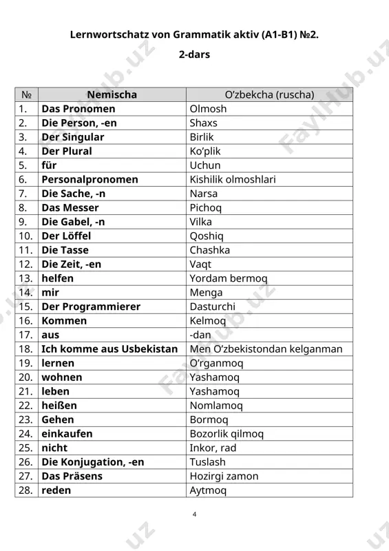 o’rnidan turmoq, (вставать) uyqudan uyg’onmoq 3. ein}laden taklif qilmoq (приглашать) 4. ein}kaufen xarid qilmoq, bozorlik qilmoq (покупать, закупать) 5. ab}fahren jo’nab ketmoq (отъезжать) 6. an}kommen yetib kelmoq (приходить) 7. um}steigen boshqa transportga almashish (пересаживаться) 8. ein}steigen transportga chiqmoq(садиться в машину) 9. aus}steigen transportdan tushmoq (выходить из транспорта) 10. auf}hören to’xtatmoq, tugatmoq 11. zu}machen yopmoq (закрывать) 12. auf}machen ochmoq (открывать) 13. aus}machen o’chirmoq (radio, svet) выключить 14. an}machen yoqmoq (radio, svet) включить 15. mit}kommen birga kelmoq 16. an}flagen boshlamoq (начинать) 17. herein}kommen/ rein}kommen ichkariga kirmoq (входить) 18. heraus}kommen/ raus}kommen tashqariga chiqmoq (выходить) 19. züruck}kommen qaytib kelmoq 20. ab}holen qabul qilib olmoq, kutib olib olib kelmoq 21. vor}beiten tayyorlamoq 22. ab}waschen yuvish orqali tozalash, ketkazish 23. mit}bringen birga olib kelmoq (приносить) 24. auf}räumen tartiblamoq, yig’ishtirmoq, (убирать) 25. an}rufen qo’ng’iroq qilmoq (звонить) 26. auf}hängen ilmoq, osmoq (вешать) 27. aus}leeren idishni bo’shatmoq 28. an}schalten yoqmoq (svet, televizor) 29. aus}schalten o’chirmoq (svet, televizor) 30. weg}gehen …