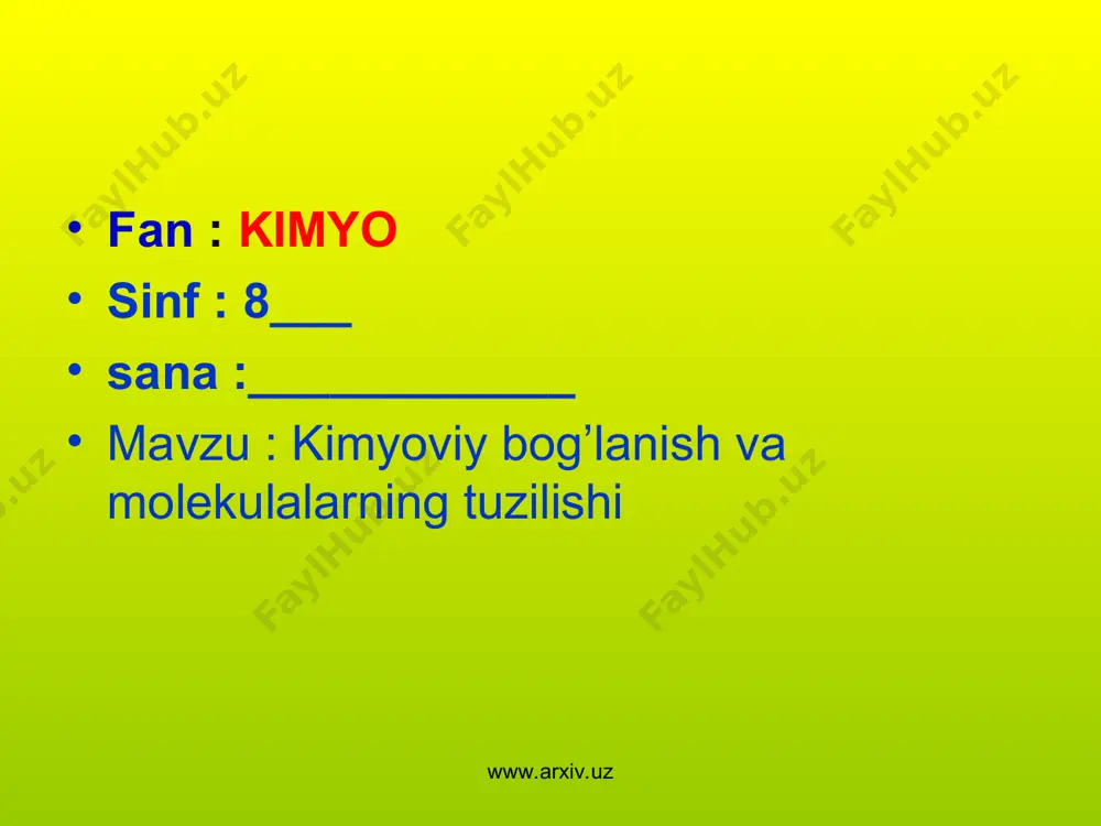 i,qutbsiz. o2 o2 n2 hcl h2 h2o cl2 no2 www.arxiv.uz www.arxiv.uz www.arxiv.uz o’quvchi faoliyatidagi asosiy jarayonlar ko’rish 10% 50% 5% eshitish bajarish www.arxiv.uz www.arxiv.uz mavzuni mustahkamlash rezyume www.arxiv.uz qutbli kovalent qutbsiz kovalent kovalent ionli bog’ ionlar orasida hosil bo;lgan bo’lanish bu--- + atomlarning umumiy elektron juftlari vositasida bo’lanish bu-- + elektrmanfiyligi bir xil bo’lgan atomlarorasida umumiy elektron juftlari hosil bo’lishi hisobigavjudga keladigan kimyoviy bo’lanish + elektrmanfiyligi bir birida biroz farq qiladigan atomlar orasidagi hosil bo’lgan kimyoviy bog’lanish + www.arxiv.uz rezyume www.arxiv.uz qutbli kovalent qutbsiz kovalent kovalent ionli bog’ ionlar orasida hosil bo;lgan bo’lanish bu--- atomlarning umumiy elektron juftlari vositasida bo’lanish bu-- elektrmanfiyligi bir xil bo’lgan atomlarorasida umumiy elektron juftlari hosil bo’lishi hisobigavjudga keladigan kimyoviy bo’lanish elektrmanfiyligi bir birida biroz farq qiladigan atomlar orasidagi hosil bo’lgan kimyoviy bog’lanish www.arxiv.uz o’quvchilarni baholash qutbsiz bog’lanish umumiyligi qutbli bog’lanish www.arxiv.uz www.arxiv.uz baholash va rag‘batlantirish dars davomida guruhlarning to‘plagan rag‘batlantiruvchi kartochkalari hisoblanib, g‘olib guruh aniqlanadi, …
