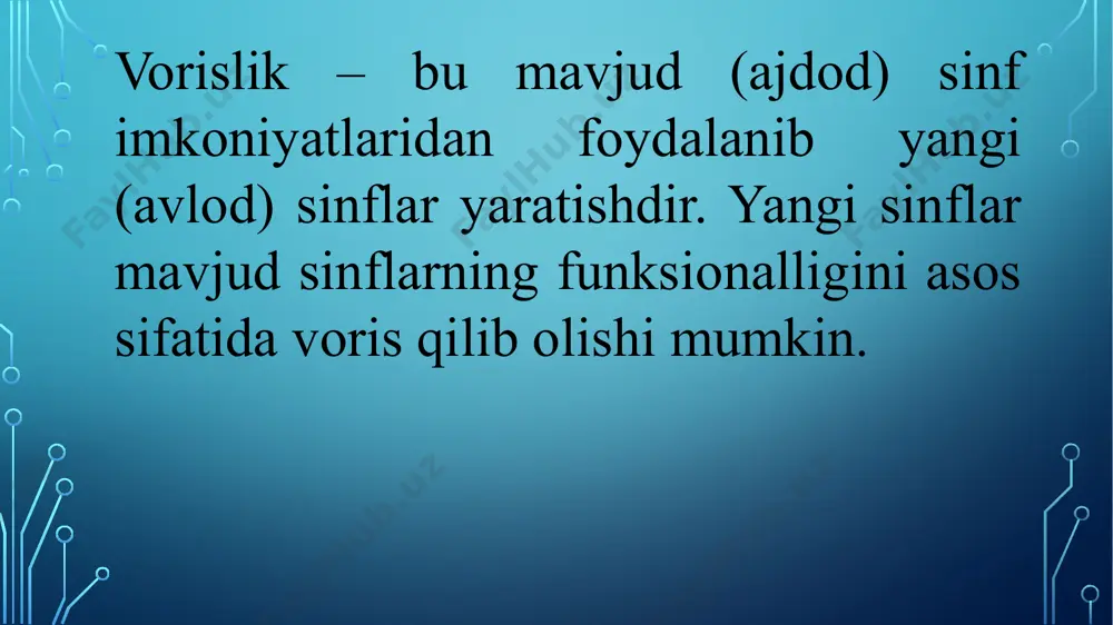 qiqlash uchun c# tilida maxsus kalit so’zlar mavjud. agar biror sinfga belgi qo’yilsa, shu sinfdan vorislik olish mumkin emas. bu so’z – sealed so’zi orqali amalga oshiriladi. sealed class twodshape class triangle : twodshape c# tilida oldindan mavjud bo’lgan juda ko’plab sinflardan vorislik olib bo’lmaydi. masalan, class my_string : string { } deb yozish aslo mumkin emas. chunki string sinfi “muhrlab qo’yilgan”. bazali sinfning konstruktori obyektning bazali qismini konstruksiyalaydi, hosila sinfning konstruktori esa, bu obyektning hosila qismini konstruksiyalaydi. bazali sinfdagi kerakli konstruktorni ishga joriy etish uchun base kalit so’zidan foydalanishga to’g’ri keladi. hosila sinfda bazali sinfdagi konstruktorni e’lon qilish formasi umumiy ko’rinishda quyidagicha bo’ladi: hosila_sinf konstruktori (parametrlar ro’yxati): base (parametrlar ro’yxati) { //konstruktorning tanasi } bu yerda base (parametrlar ro’yxati) – bundagi parametrlar bazali sinfdagi kerakli konstruktorni ishga yurgizish uchun qo’llaniladi. qaysi konstruktorni ishga yurgizish kerak bo’lsa, kompilyator uning miqdori va parametr tiplari bo’yicha aniqlaydi. maydon initsializatsiyalashtirilgandan keyin, obyektning hosilasiga …