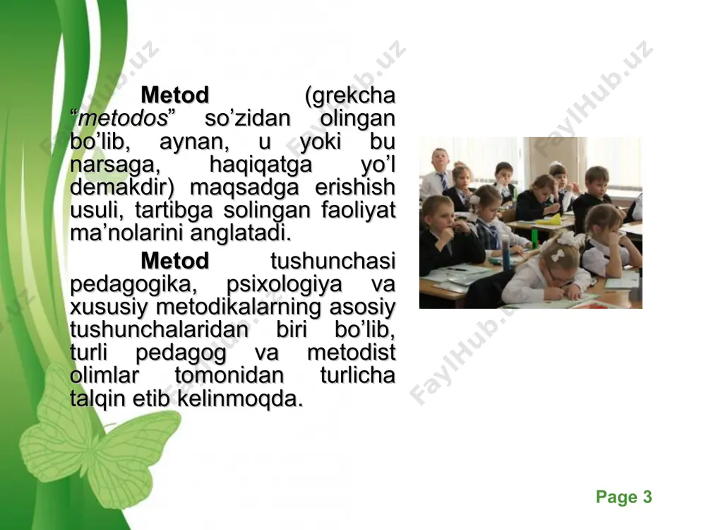 etod o’z xohishlariga ko’ra shaxsiy imkoniyatlarini sinab ko’rish istagida bo’lgan o’quvchilar uchun qulay imkoniyat yaratadi. ular o’qituvchi tomonidan berilgan savollarga qisqa muddatlarda to’g’ri va aniq javob qaytara olishlari zarur. savollarning murakkablik darajasiga ko’ra har bir savolga qaytarilgan to’g’ri javob uchun ballar belgilanadi. yakuniy ballarning o’rtacha arifmetik qimatini topish asosida o’quvchilarning tafakkur tezligi aniqlanadi. ballarning belgilanishi o’quvchilarning shaxsiy imkoniyatlari to’g’risida aniq tasavvurga ega bo’lishlarini ta’minlaydi. masalan: qatorlarda bir kishidan vakil chaqirilib, ularga belgilangan savollar beriladi. 1 daqiqadan vaqt ajratilib, ballar aniqlanadi. free powerpoint templates page * xulosa rеspublikamizda yo’z bеrayotgan tub o`zgarishlar bilimlardan mutaxassislar tayyorlashda unumli foydalanishni taqozo etmoqda. davlat tomonidan ishlab chiqarilgan “ta'lim to`g`risidagi qonun”, “kadrlar tayyorlash milliy dasturi” singari hujjatlarni amaliyotga tatbiq etish uchun bo`lg`usi mutaxassislarni davr talabiga binoan tayyorlash muammosini kun tartibiga kiritmoqda.