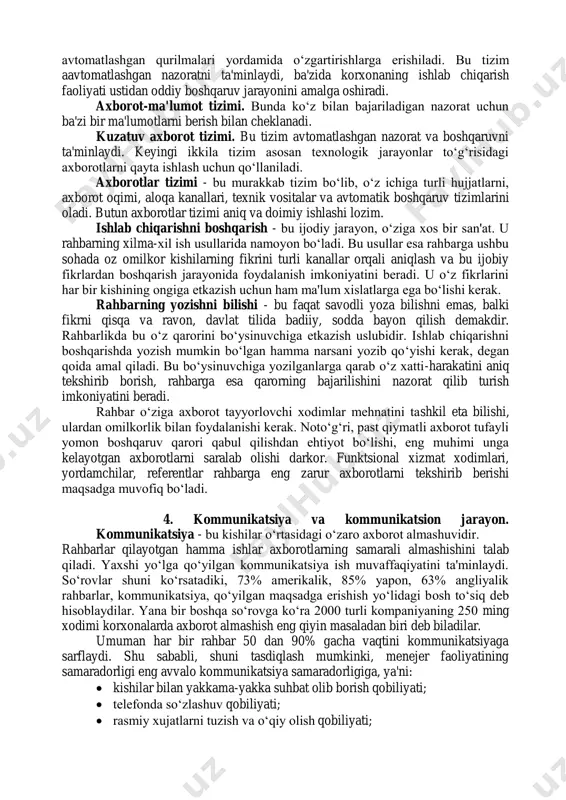 a pirovard natijada ishlab chiqarish jarayonlari miqyosining kattaligi, o‘ta murakkabligi va davom etish sur'atlarining yuqoriligi bilan bog‘liqdir. boshqaruv axborotlari o‘ta turli-tuman bo‘lganligi tufayli mazkur boshqarish qarorlarini ishlab chiqish uchun zarur va etarli axborotni tanlab olish ancha qiyin. barcha axborotlarni o‘ziga xos belgilarga qarab tur va guruhlarga ajratish, ya'ni klassifikatsiya qilish yoki tasniflash, bu qiyinchilikni barataraf etish yoki bir oz engillashtirishga ma'lum darajada yordam beradi. turkumlanganda axborot tizimi har tomonlama soddalashadi, shuningdek, uni to‘plash, uzatish va turlarga ajratish osonlashadi, buning natijasida rahbar xodimlar axborot bilan to‘liqroq ta'min etiladi. ishlab chiqarish doimiy rivojlanishda bo‘lganligi sababli axborot turlari, soni va ko‘lami ham ko‘payib boraveradi. shu bois yuqorida keltirilgan turkumlashni to‘liq deb bo‘lmaydi. barcha boshqarish vazifalarini kompleks hal etish uchun axborotlar har bir boshqarish ob'ektining o‘ziga xos xususiyatlarini hisobga olib aniq turkumlanadi. 14-chizma. axborotlar tizimi oddiy tizim. axborot paydo bo‘lgan joydan iste'mol joyiga keltiriladi. bunday axborot telefon orqali yoki signallar vositasida kelib tushishi mumkin. …