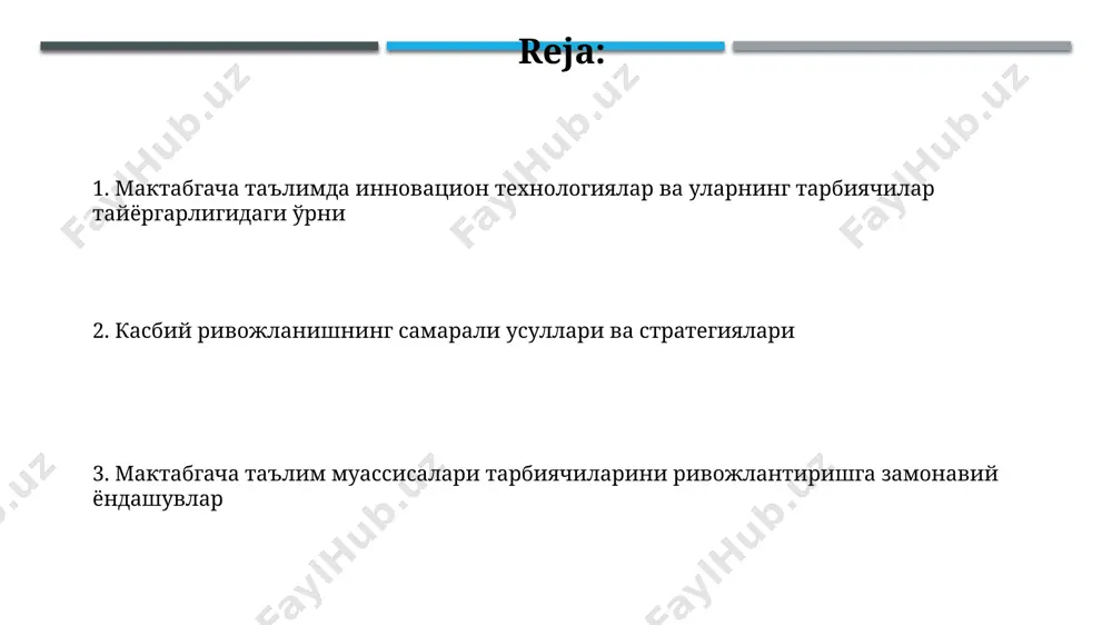 r bilan o‘yin orqali ishlashning 3 ta asosiy shakli – didaktik o‘yinlar, rol o‘ynash o‘yinlari va tashqi o‘yinlar – 5-7 yoshli bolalar uchun muhim ahamiyatga ega. maktabgacha ta'lim tarbiyachilarini tayyorlashning hozirgi holati maktabgacha ta'lim muassasalarida 2023 yilda o'qituvchilarning 70% dan ortig'i pedagogika oliygohlarini tamomlagan bo'lsa-da, samarqand viloyatida malaka oshirish kurslariga qatnashganlar soni atigi 35% ni tashkil etadi. toshkent shahridagi maktabgacha ta'lim muassasalarida 5 yildan ortiq tajribaga ega bo'lgan tarbiyachilarning 40%i zamonaviy pedagogik texnologiyalar, jumladan, o'yinli uslublarni qo'llashda qiyinchiliklarga duch kelmoqda. xalqaro tajriba va eng yaxshi amaliyotlar finlyandiyaning 10 yillik ta’lim tizimida bolalar bog‘chasi tarbiyachilarining kasbiy rivojlanishiga 70% davlat mablag’lari yo’naltirilgan bo‘lib, bu yuqori malakali mutaxassislar tayyorlashga xizmat qiladi. singapurda 5 yoshgacha bo‘lgan bolalar uchun ta’lim dasturlarining 80% dan ortig‘i o‘yin orqali o‘rganishga qaratilgan bo‘lib, bu tarbiyachilarning o‘yin terapiyasi bo‘yicha malakasini oshirishni talab qiladi. innovatsion texnologiyalarni qo'llash o'zbekistonda 100 dan ortiq maktabgacha ta'lim muassasalarida tabletlardan va interaktiv doskalardan foydalanish bolalarning raqamli …