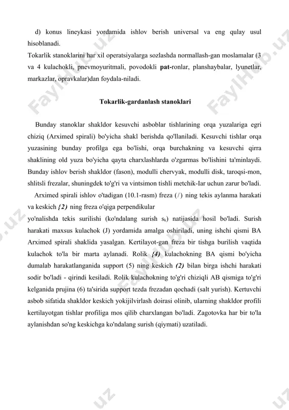 va yon supportlariga ega); modellari 1541, 1512, 1а512мфз, 1516, 1а516мф4. -ikki stoykaligacha, uch supportli—ikkitasi vertikai, uchinchisiyon); modellari 1a531, 1553, 1525... (10.3-rasm). tokarlik-revolver stanoklari tokarlik-revolver stanoklari seriyali ishlab chiqarishda chiviq tipi-dagi yoki ayrim zagotovkalardan diametri va uzunligi uncha katta bo'lmagan detallarni tayyorlash uchun xizmat qiladi. bu stanoklar universal tokarlik stanogidagi orqa babka o'rniga revolver kallagiga ega bo'lib, kesuvchi asboblar (keskich, parma, zenker, razvyortka va boshqalar) kallakning o'yiqchalariga mahkamlanadi. revolver kallagi burilish o'qiningjoylashishi bo'yicha ikki turda-gi stanoklar bo'ladi: 1) revolver kallagi vertikal o'q atrofida buriladigan stanoklar (10.4-rasm); bu stanoklarda revolver supportidan tashqari tokarlik stanogidagidek oddiy support ham bo'lib, bo'ylama va ko'ndalang su-rishlarga ega. bir vaqtning o'zida bo'ylama va revolver supportlarga o'rnatilgan asboblar ishlov berishda qatnasha olishi mashina vaqti (z0) ning qisqa-rishiga olib kelib, ish unumdorligi ortadi. chiviq zagotovkalar sanga tipidagi qisqichlar yordamida, donali zagotovkalar esa patron yoki maxsus qisuvchi moslamalar yordamida mahkamlanadi.bu tipdagi stanoklarning modellari: 1m36, ш365. birga bo'ylama surish harakatini ham …