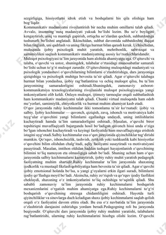 ari shunchalik samarali kechadi.o‘zini anglash faqatgina intellektual jarayon emas, balki emotsional soha bilan ham bevosita bog‘liqdir. insonning o‘zini to‘g‘ri anglay olishi uchun u o‘z his-tuyg‘ularini ham tushunishi, ularni boshqarishi lozim. chunki inson o‘z emotsiyalarini nazorat qila olmasa, o‘zini anglash jarayonida subyektivlik, noto‘g‘ri qarorlar va xatti-harakatlar yuzaga kelishi mumkin.emotsional nazorat mexanizmlari – bu insonning o‘z his-tuyg‘ularini idrok etishi, ularni boshqarishi, vaziyatga moslashtira olishi hamda salbiy hissiyotlarning salbiy oqibatlarini kamaytirishga qaratilgan psixologik jarayonlardir. emotsional nazorat insonning ruhiy salomatligini saqlashda, o‘zini ijtimoiy muhitga moslashtirishda, stressli vaziyatlarda bardoshli bo‘lishda va to‘g‘ri qaror qabul qilishda muhim ahamiyat kasb etadi.o‘zini anglash va emotsional nazoratning ahamiyati ta’lim jarayonida ham beqiyosdir. talabalar va o‘quvchilar o‘z his-tuyg‘ularini boshqara olsalar, stress va zo‘riqishlardan himoyalanadilar, o‘z bilimlarini samarali namoyon qila oladilar. o‘zini anglash esa ularni o‘z kuchli tomonlarini rivojlantirishga, zaif jihatlarini esa bartaraf etishga yordam beradi. natijada shaxsning o‘quv jarayonidagi muvaffaqiyati oshadi, o‘z-o‘zini rivojlantirishga bo‘lgan intilishi kuchayadi.inson jamiyatda yashar ekan, uning …