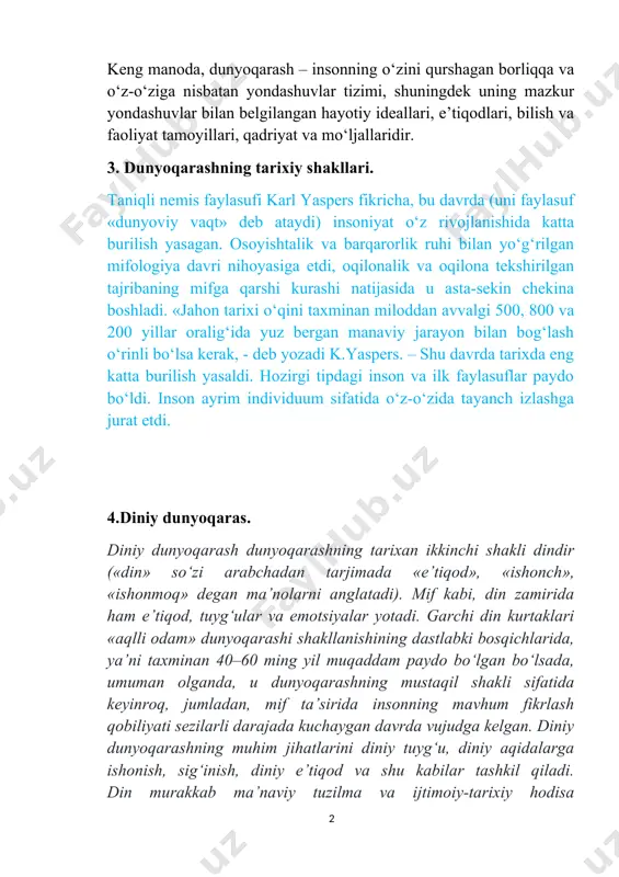 ilish yasaldi. hozirgi tipdagi inson va ilk faylasuflar paydo bo‘ldi. inson ayrim individuum sifatida o‘z-o‘zida tayanch izlashga jurat etdi. 4.diniy dunyoqaras. diniy dunyoqarash dunyoqarashning tarixan ikkinchi shakli dindir («din» so‘zi arabchadan tarjimada «e’tiqod», «ishonch», «ishonmoq» degan ma’nolarni anglatadi). mif kabi, din zamirida ham e’tiqod, tuyg‘ular va emotsiyalar yotadi. garchi din kurtaklari «aqlli odam» dunyoqarashi shakllanishining dastlabki bosqichlarida, ya’ni taxminan 40–60 ming yil muqaddam paydo bo‘lgan bo‘lsada, umuman olganda, u dunyoqarashning mustaqil shakli sifatida keyinroq, jumladan, mif ta’sirida insonning mavhum fikrlash qobiliyati sezilarli darajada kuchaygan davrda vujudga kelgan. diniy dunyoqarashning muhim jihatlarini diniy tuyg‘u, diniy aqidalarga ishonish, sig‘inish, diniy e’tiqod va shu kabilar tashkil qiladi. din murakkab ma’naviy tuzilma va ijtimoiy-tarixiy hodisa bo‘lib,unda e’tiqod muqarrar tarzda birinchi o‘ringa qo‘yiladi va hamisha bilimdan ustun turadi. 5.mifalogik dunyoqarash. qadimgi odamning olam va borliq haqidagi ibtidoiy tasavvurlaring majmui – mif hisoblanadi. mif yunoncha “mithos” so’zidan olingan bo’lib, “rivoyat, afsona, asotir, hikoya, masal” degan ma’nolarni …
