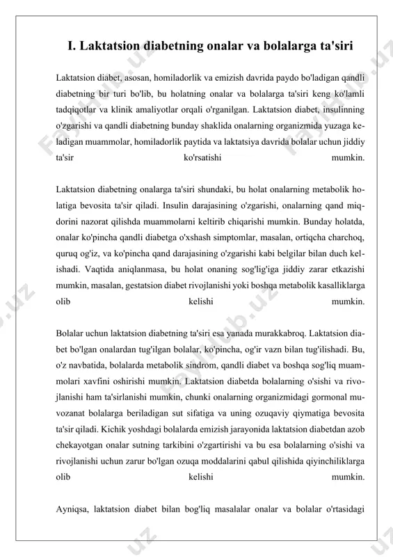 osmolaritetni normallash va bemorning umumiy sog'lig'ini yaxshilashdir. agar bemorda suyuqlikni ortiqcha yo'qotish yoki qabul qilish bilan bog'liq muammolar mavjud bo'lsa, shifokor suyuqlikni qayta tiklash uchun intravenoz suyuqliklar (masalan, izotonik yoki gipertonik eritmalar)ni tavsiya etishi mumkin. bu jarayon bemorning holatini yaxshilash va qondagi elektrolitlarni normallashtirishga yordam beradi. bundan tashqari, gipoosmolyar diabetni davolashda diyetologik yondashuvlar ham muhimdir. bemorlarning parhezida natriy darajasini nazorat qilish va suyuqlik iste'molini muvozanatlash zarur. natriyga boy oziq-ovqatlardan qochish va suyuqlik iste'molini normallashtirish bemorning holatini yaxshilashga yordam beradi. gipoosmolyar diabetni davolashda dori-darmonlar ham qo'llanilishi mumkin. masalan, diuretiklar bemorda suyuqlikni chiqarish jarayonini yaxshilash uchun tavsiya etilishi mumkin. bu dori-darmonlar qondagi osmolaritetni normallashtirishga yordam beradi va gipoosmolyar diabetning asoratlarini oldini olishda foydali bo'lishi mumkin. shuningdek, gipoosmolyar diabetning davolashida individual yondashuv juda muhimdir. har bir bemorning holati va ehtiyojlari turlicha bo'lishi mumkin, shuning uchun davolash jarayoni har bir bemor uchun alohida ishlab chiqilishi kerak. bemorning yoshini, jinsini, umumiy sog'lig'ini va mavjud kasalliklarini …