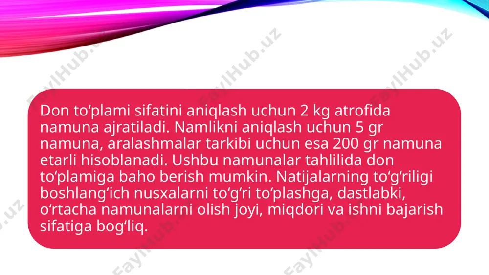 i avval yuqori qatlamdan, so‘ng o‘rtagi va eng keyingi navbatda quyidagi qatlamdan olinadi. avtomshinadan donning namuna qismi kuzovning to‘rt nuqtasidan olinadi, buning ustiga olinish nuqtalari kuzov chekkasidan 0,5 metr uzoqlikda bo‘lishi shart. namuna qismlarini yoxud yuqori qatlam va kuzov sathiga yaqin erdan, yoxud xirmonning butun chuqurli-gidan (shupning tuzilishiga qarab) olinadi. namuna qismlarining umumiy og‘irligi 1 kg dan kam bo‘lmasligi kerak. namuna qismlarini erkin olish imkonini beradigan vagonlarda don ortiladi, ikki o‘qli vagonlardan ularni shup bilan 5 nuqtasidan: 4 burchagidan (50-75 sm masofada) va vagonning o‘rtasi-dan (a chizma) olinadi. xar bir nuqtada qismlari xirmonning uch qatlamida: yuqori qatlamida 10 smgacha chuqurlikda, o‘rtagi qatlamda xirmonning taxminan yarmiga yakin chuqurlikda va vagon sathidan olinadi. to‘rt o‘qli vagonlarda namuna qismlari don xirmoni usti-dan 11 nuqtada, ya’ni vagonning yon devorlaridan (4 nuqtadan) va 3 nuqtada vagon o‘rtasidan, shuningdek, uch qatlamda olinadi (b chizma.) a chizma b chizma namuna qismlari vagonni bo‘shatishda ham xuddi ortishdagi kabi …