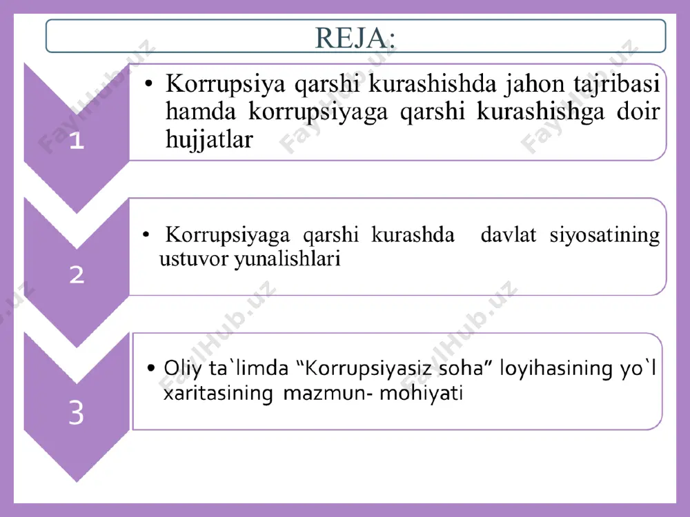 zolyutsiyasi bilan 1979 yil 17 dekabrda qabul qilingan); 2) huquqiy tartibotni saqlash bo‘yicha mansabdor shaxslarning xulq-atvor kodeksini samarali amalga oshirilishi uchun rahbariy prinsiplar (bmtning iqtisodiy va ijtimoiy kengashi rezolyutsiyasi bilan 1989 yil 24 mayda qabul qilingan); 3) davlat mansabdor shaxslarining xalqaro xulq-atvor kodeksi (bmt bosh assambleyasining rezolyutsiyasi bilan 1996 yil 12 dekabrda qabul qilingan); 4) birlashgan millatlar tashkilotining xalqaro tijorat operatsiyalarida korrupsiya va poraxo‘rlikka qarshi kurash to‘g‘risidagi deklaratsiyasi (bmt bosh assambleyasining rezolyutsiyasi bilan 1996 yil 16 dekabrda tasdiqlangan); 5) terrorizmni moliyalashtirishga qarshi kurash to‘g‘risi¬dagi xalqaro konvensiya (bmt bosh assambleyasining rezolyutsiyasi bilan 1999 yil 9 dekabrda qabul qilingan); 6) birlashgan millatlar tashkilotining transmilliy uyushgan jinoyatchilikka qarshi kurash to‘g‘risidagi konvensiyasi (bmt bosh assambleyasining rezolyutsiyasi bilan 2000 yil 15 noyabrda qabul qilingan); 8) birlashgan millatlar tashkiloti bosh kotibining korrupsiyaga oid ma’ruzasi (vena, 2001 yil 8-17 may); 9) korrupsiyaga qarshi kurash bo‘yicha chora-tadbirlar to‘plami (2001 yil iyun); 10) korrupsiyaga qarshi kurash choralari. pulni tozalashga …