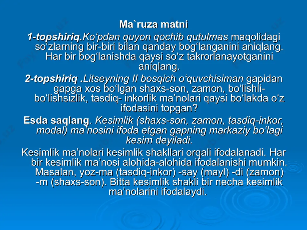 r). 2. тo‘liqsiz fe’llar orqali. 3. bo‘ldi, qildi, etdi kabi yordamchi fe’llar bilan. 4. ot va sifat bilan ifodalanadigan kesimlar.