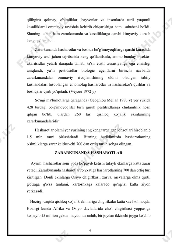 a hasharotlarning og’iz tuzilishi kemiruvchi tipda bo’lib, ular qattiq tishsimon jag’lari bilan o’simlikning barg va poyalarini, yirtqich hasharotlar esa o’z o’ljalarini osongina tishlab oladilar. gul nektari bilan oziqlanuvchi kapalaklarda og’iz tuzilishi naysimon uzun bo’lib, u oziq moddalarni so’rib olishga moslashgan. zararkunandalarning oyoqlari yuguruvchi, sakrovchi, suzuvchi, tutuvchi, yopishuvchi, yig’uvchi va qazuvchi tuzilishga ega. hasharot oyoqlarining bunday xilma-xil bo’lishi yashash sharoiti va hayot kechirishga bog’liq. masalan, tez harakat qiluvchi hasharotlarning oyoqlari uzun va yuguruvchi tipda bo’ladi, bu esa ularga tez yurishiga yordam beradi. chigirtkaning oyoqlari sakrovchi, uzun va yo’g’onlashgan bo’ladi. tuproqda yashovchi turlarda esa oyoqlar qazuvchi tipda tuzilgan. ko’pchilik hasharotlarda bir juft qanot bo’lib, o’rta va ketingi ko’krakka joylashadi. ikki kanotlilarda esa qanot bir juft bo’lib, bular o’rta ko’krakka joylashadi. tuban hasharotlar kenja sinfiga kiruvchi hasharotlarda esa qanot mutlaqo bo’lmaydi. hasharotlarning qorin qismi 11-12 ta sigmentdan iborat, ko’pchilik hasharotlarda bu sigmentlar bir-biri bilan harakatchan, ba‘zi turlarda esa harakatsiz tarzda birikkan bo’lishi mumkin. …