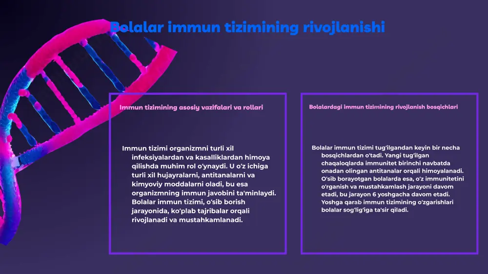 immun tizimi bolalarni kasalliklardan himoya qiladi va ularning o'sishiga yordam beradi. kasalliklar va infektsiyalar bilan kurashish bolalar immun tizimining kuchayishi kasalliklar va infektsiyalarni yengishda muhimdir. oziqlanish, jismoniy faoliyat va toza muhit immun tizimini mustahkamlashda yordam beradi. kasalliklarga qarshi immunitetni kuchaytirish usullari oziqlanish va faoliyat sog'lom immunitet uchun to'g'ri oziqlanish va jismoniy faoliyat juda muhimdir. meva va sabzavotlar, oqsil manbalari va vitaminlarga boy ovqatlar immunitetni kuchaytirishga yordam beradi. uyqu va stress yaxshi uyqu va stressni boshqarish immun tizimining kuchayishiga yordam beradi. kattalar uchun har kuni kamida 7-8 soat uyqu tavsiya etiladi, stressni kamaytirish uchun esa meditatsiya va nafas olish mashqlari foydali bo'lishi mumkin. sog'lom turmush tarzi sog'lom turmush tarzi immunitetni kuchaytirish uchun zarurdir. chekish, alkogol iste'moli kabi zararli odatlardan voz kechish va muntazam jismoniy mashqlar qilish tavsiya etiladi. immunitetni kuchaytiruvchi qo'shimchalar ba'zi vitaminlar va minerallar, masalan, vitamin c, d va sink, immun tizimini qo'llab-quvvatlashda muhim rol o'ynaydi. ularni to'g'ri ovqatlar orqali …