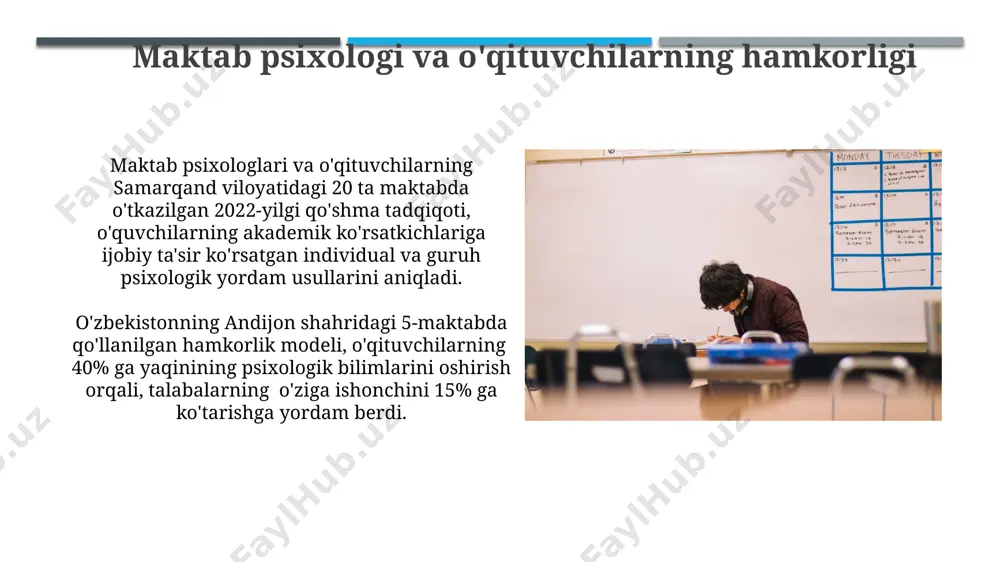 dan ortiq turdagi test va anketalarni qo‘llagan holda, bolaning o‘quv qobiliyatlari, ijtimoiy moslashuvchanligi va shaxsiy xususiyatlarini baholashga imkon beradi. individual va guruh psixologik maslahatlari individual maslahatlar ko‘pincha guruh maslahatlariga qaraganda ko‘proq chuqur va maxsus bo‘ladi, masalan, 20 ta sessiyadan iborat terapiya kursi farg‘onadagi maktabda o‘quvchining xavotir va qo‘rquvini bartaraf etishga qaratilishi mumkin. individual psixologik maslahatlar, masalan, 5-sinf o‘quvchisining o‘qishdagi qiyinchiliklari yoki toshkentdagi maktabda o‘quvchining ijtimoiy moslashuv muammolari bilan bog‘liq holda, mutaxassis bilan shaxsiy uchrashuvlarni o‘z ichiga oladi. o'quvchilarning psixologik muammolari samarqand viloyatidagi maktablarda o‘quvchilarning 30% ga yaqini o‘qishga bo‘lgan qiziqishning pasayishi bilan bog‘liq psixologik muammolarga duch kelmoqda, bu esa o‘rtacha ballarning 15% ga tushib ketishini ko‘rsatmoqda. toshkent shahridagi tadqiqotlar shuni ko‘rsatdiki, 10-15 yoshli o‘quvchilarning 25% i ijtimoiy tarmoqlardan ortiqcha foydalanish tufayli stress va tashvish bilan bog‘liq psixologik muammolarni boshdan kechirmoqda. qobiliyatli va iste'dodli bolalar bilan ishlash qobiliyatli va iste’dodli bolalar bilan ishlashda, toshkent shahridagi 150 dan ortiq maktabda ixtisoslashtirilgan dasturlar …