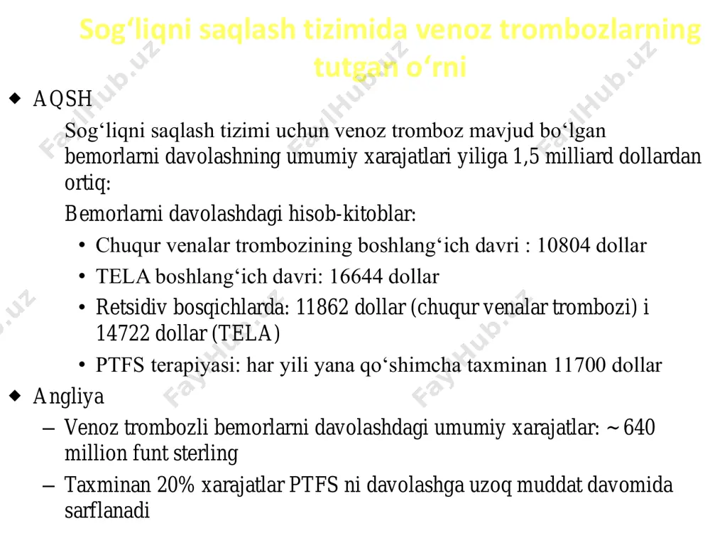 i to‘ri boldir chuqur venalari trombozi • xomans simptomi • mozes simptomi • lovenberg simptomi toz magistral venalari trombozi yonbosh-son segmentiga tromboz tarqalishi tashqi yoki umumiy yonbosh venasi segmentar trombozi ichki yonbosh venasi trombozi to’qima bosimi = 0 100 mm.sim.ust. 70 mm.sim.ust. to’qima bosimi =20 50 mm.sim.ust. to’qima bosimi =40 mm.sim.ust. venoz gangrenadagi ishemiyaning patogenez sxemasi (brockman et vasko) chap umumiy yonbosh venaning chap umumiy yonbosh arteriya bilan kesishishi 1 2 3 chap umumiy yonbosh venaning chap umumiy yonbosh arteriya bilan kesishishi joyi ichki yonbosh arteriyasi sistemasida tromboz • to‘g‘ri ichak soxasidagi og‘riq • tenezmlar • dizurik belgilar • qin orqali ko’rishda og’riqli shnursimon infiltratlar venoz tromboz tiplari embolxavfli (flotirlovchi) tromb embol xavfi bo‘lmagan tromboz embol xavfi bo‘lmagan devoriy tromboz differensial diagnoz • bemor shikoyatlari • bemor anamnezi • klinik ma'lumotlar • instrumental tekshiruvlar differensial diagnoz • qon aylanish yetishmovchiligi • limfostaz • travmatik shish • anaerob flegmona • kaft …