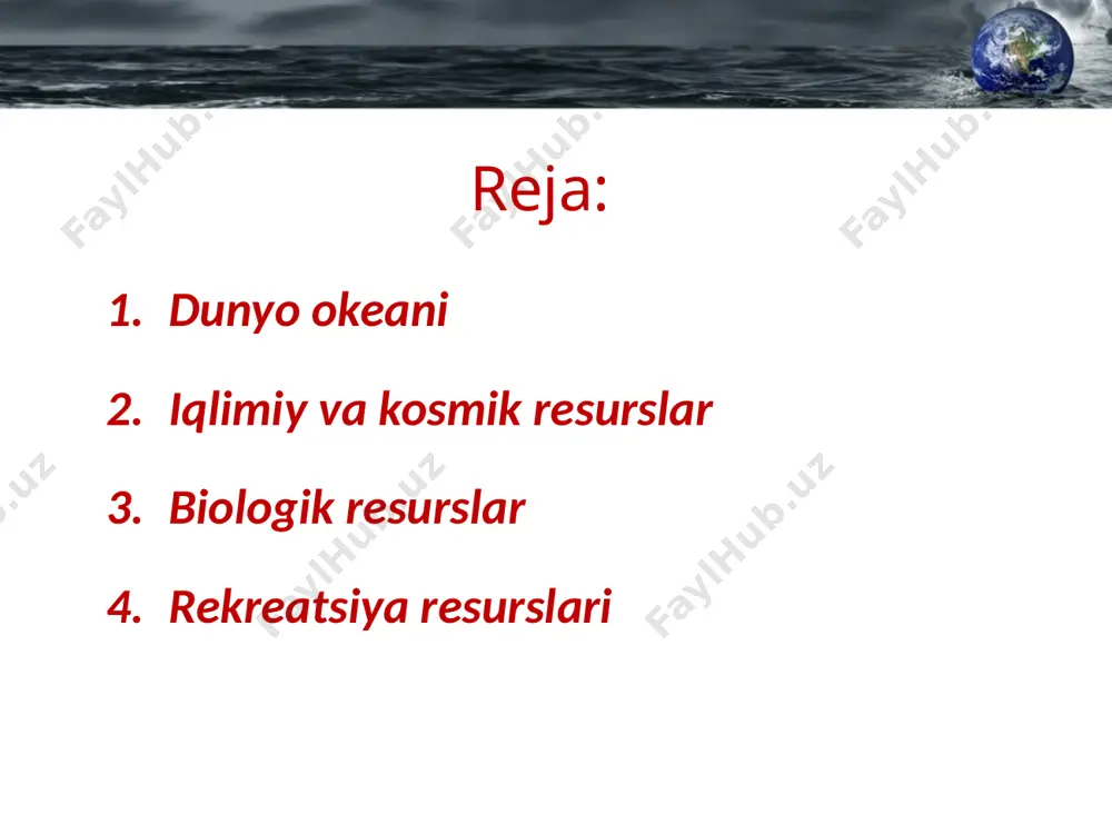 egirmonlari, yelkanli kemalar xizmatini tashkil qilishda shamol energiyasidan foydalanib keladi. biologik resurslar deb, yer yuzasining o‘simlik va hayvonot boyliklariga aytiladi. o‘simlik resurslari madaniy va yovvoyi o‘simliklarni o‘z ichiga oladi. ularning turlari nihoyatda xilma-xildir. insonning jismoniy va madaniy dam olishi hamda davolanishi ehtiyojlarini qondirishda xizmat qiladigan vositalar rekreatsiya resurslari deb ataladi. tabiiy rekreatsiya resurslari qatoriga toza havoli go‘zal tabiat go‘sha (landshaft) lari kiradi. ijtimoiy yoki madaniy-tarixiy rekreatsiya resurslari. turli davrlarda inson aql-zakovati bilan yaratilgan tarixiy, arxeologik va san’at obidalari va yodgorliklari, muzeylar, saroylar ijtimoiy yoki madaniy-tarixiy rekreatsiya obidalari bo‘lib hisoblanadi. image2.jpeg image3.jpeg image4.jpeg image5.jpeg image6.jpeg image7.jpeg image8.jpeg image9.jpeg image10.jpeg image11.jpeg image12.jpeg image13.jpeg image14.jpeg image15.jpeg image16.png image17.jpeg image18.jpeg image19.jpeg image20.jpeg image1.jpeg