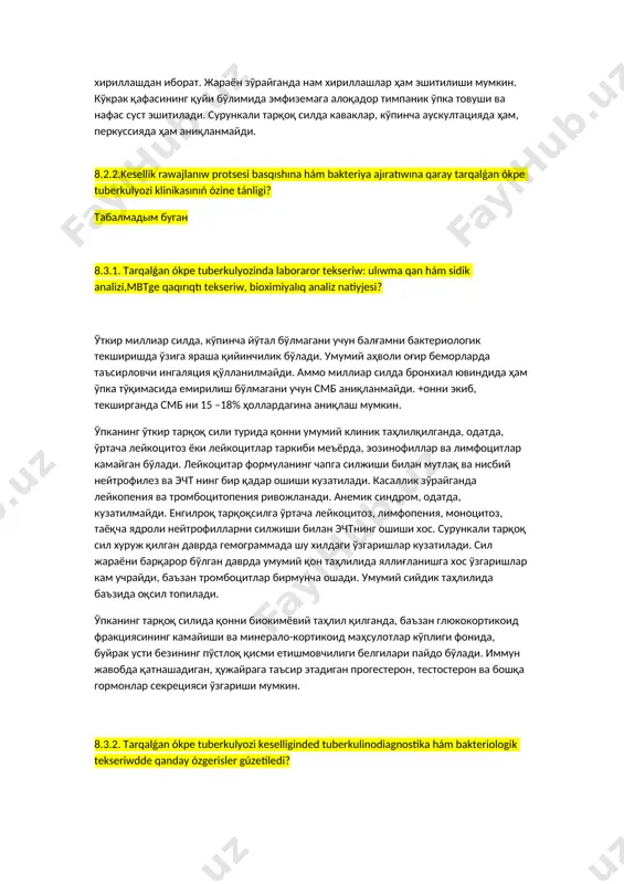 мир дистонияси, руҳий-эмоционал беқарорлик ва ўзига хос эйфория кузатилади, бемор ўз ҳолатига тўғри баҳо бера олмайди.касалликнинг бошланишида, кўпинча, бемор ҳолсизланади, жуда дармонсиз бўлади, меҳнат қобилияти пасайиб кетади, таъсирчан бўлиб қолади, терлайди. иштаҳа пасаяди, секин-аста оза боради. баъзан иситмасисубфебрил бўлади, сал ҳансираб туради ва вақти-вақти билан йўталиб,балғам ташлайди. кейинчалик, кўпинча, биқини оғрийди ёки ютинганда томоғи қичийди, ёхуд оғрийди, товуши бўғилади. бу белгилар аксари тарқоқсилнинг ўзига хос асоратлари ривожланганидан далолат беради. ўпка сурункали тарқоқ силининг клиник манзараси сил жараёни босқичига ва жараённинг давомийлигига боғлиқ. жараён авж олганда бемор ҳолсизланиб, тана ҳарорати кўтарилади, иштаҳаси бўлмайди ва озиб кетади. беморда тахикардия ва кўпинча қуруқ, баъзан озроқ балғамли йўтал кузатилади. яллиғ-ланиш жараёни сўнганда касаллик деярли белгиларсиз кечади. бироқ бу узоқ давом этмайди, бир қанча вақтдан кейин жараён яна авж олади.сурункали тарқоқ силнинг доимий клиник белгиси ҳансираш. ҳансирашнинг ривожланиши секин-аста зўрайиб борувчи диффуз пневмофиброз, эмфиземаларга боғлиқ. бемор жисмонан зўриқ-қанда, қаттиқ ҳаяжонланганда, қаттиқ ҳансирай бошлайди. сил жараёнининг …