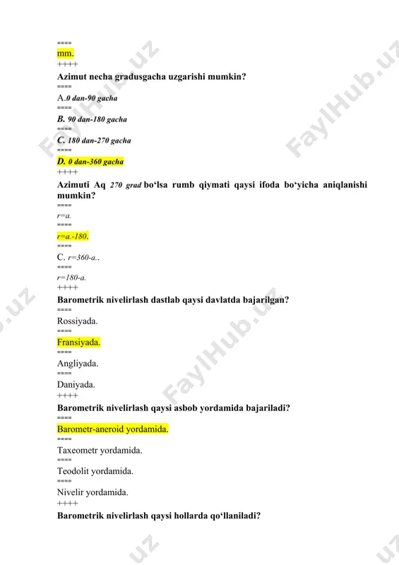 mer poligonometriya qaysi sinfdagi geodezik to‘rlarni barpo qilishda qo‘llaniladi? ==== 1 sinfdagi. ==== 2 sinfdagi. ==== 4 sinf 2 razryad. ==== barcha sinfdagi. ++++ dalnomer poligonometriyada qachon qo‘llaniladi? ==== 1 sinfda. ==== 2 sinfda. ==== 2 razryadda. ==== 3 sinfda. ++++ davlat geodezik tarmog‘i nima? ==== tafsilotlari ma’lum bo‘gan joylar. ==== koordinatalari va absolyut balandliklari ma’lum bo‘lgan nuqtalar. ==== absolyut balandliklari ma’lum bo‘lgan nuqtalar. ==== koordinatalari ma’lum bo‘lgan nuqtalar. ++++ davlat geodezik tarmoqlaridan birini ko‘rsating? ==== rel’yef. ==== trilateratsiya. ==== gorizontal. ==== tafsilot. ++++ davlat nivelir to‘rlari nima. berilgan kenglik asosidir. ==== berilgan koordinata asosidir. ==== berilgan balandlik asosidir. ==== berilgan uzoqlik asosidir. ++++ davlat nivelirlash to‘rlari necha sinfga bo‘linadi? ==== iii sinfga. ==== iv sinfga. ==== v sinfga. ==== vi sinfga. ++++ davlat sitandarti bo‘yicha va teodolitlar aniqlik darajasiga ko‘ra necha xil? ==== 5 xil; ==== 4 xil; ==== 3 xil; ==== 2 xil; ++++ deriksion burchak nima? ==== …