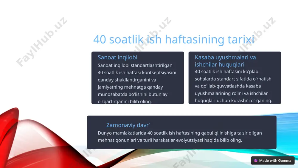 ion to promote healthier work environments by advocating for alternative work models and supporting initiatives that focus on employee well-being. 11 xulosa va harakatga chaqiruv ish kelajagi 40 soatlik ish haftasining shaxsiy farovonlik, mahsuldorlik va ishdan qoniqishga ta'siri haqida o'ylang va ish va hayot uyg'unligi norma bo'lgan kelajakni tasavvur qiling. harakatga qo'shiling muqobil ish modellarini targ'ib qilish va xodimlarning farovonligiga qaratilgan tashabbuslarni qo'llab-quvvatlash orqali sog'lom ish muhitini targ'ib qilish uchun harakat qiling. image1.png image2.png image3.png image4.png image5.png image6.png