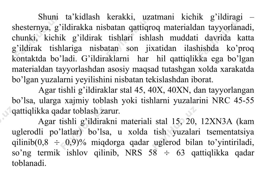 ning yemirilishi va ularning ishlash qobiliyatini mezonlari kuchlanishlarning o’zgaruvchi tsikl bilan ta’sir etishi, tishlarning toliqishdan yemirilishga olib keladi. ikki xil yemirilish mavjud: tish sirtlarining yemirilishi va tishlarni sinishi. ishga qobiliyatli uzatmaning xamma tishlari butun va sinmagan bo’lishidan tashqari, ularni sirtlari xam yemirilmagan bo’lishi shart. shunday qilib, tishli uzatmalarning ishga qobiliyatli bo’lishini eng asosiy omillari va mustaxkamlilikka xisoblashda, tish sirtlarini yemirilmaganligi va tishlar sinishligi xisoblanadi. bu mezonlarni mukammal ko’rib chiqamiz. tish sirtlarini yemirilishiga kontakt kuchlanish va ishqalanish sabab bo’ladi. tishlar sirtining yemirilishi deganda quyidagilar yani: toliqish oqibatida uvalanib ketishi, abraziv zarrachali muxitda yemirilishi va yulinib ketishi tushuniladi. toliqish oqibatida uvalanib ketishi yopiq sermoy sharoitda ishlaydigan g’ildiraklarda sodir bo’ladi. uvalanib ketishni asosiy sababi, texnik imkoniyati chegarasidan chiqib ketishi, uzatmaning ishlash tartibinibuzilishi (yuklanish ortib ketishi xollari, qizib ketishi) xisoblanadi. bunday xollarda tish sirtining toliqishi oqibatida uning sirtidan mayda zarrachalar uvalanib chiqadi va ayrim nuqtalarida bilinar-bilinmas darzlar paydo bo’ladi, bora-bora bu darzlar kattalashib chiziqchalar …