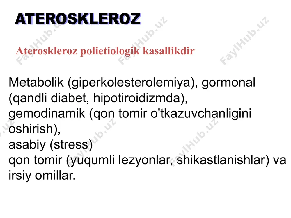 di. yurak, buyrak, ichakning mayda tomirlarida ta'minlovchi arteriyalar intimasida blyashka mavjudligi to'qimalarning qon aylanishining yomonlashishiga, bu organlarda distrofik va atrofik o'zgarishlarga olib keladi. xolesterin kristallari qon tomirlari ateroskleroz patogenezi 3. tolali blyashka bosqichi (liposkleroz). ateroskleroz patogenezi aterosklerozning keyingi kursi bilan bog'liq murakkab lezyonlarning rivojlanishi va deyiladi asoratlar davri. ateroskleroz patogenezi 4. ateromatoz bosqichi. blyashka markazida to'qimalarning nekrozi patomorfologiya: blyashka markazining nekrozi. vayronagarchilik natijasidavasa vasorumintramural gematomalar paydo bo'lishi mumkin blyashka markazidagi to'qimalarning detriti xolesterin kristallari, ksantoma hujayralari va vayron qilingan tomir tuzilmalarining bo'laklaridan iborat. ateroskleroz patogenezi 5. ateromatoz yaralarning shakllanish bosqichi. aterosklerotik blyashka joyida yara hosil bo'ladi. patologiya: blyashka qopqog'i yorilishi va to'qima yoki yog 'emboliyasiga olib kelishi mumkin.(yog 'miqdori tomirning lümenine kiradi, bu qon ivishiga va trombozga olib keladi). ko'pincha, ateromatoz yaraning chetida parietal qon pıhtıları hosil bo'lib, tromboemboliya rivojlanish xavfini keltirib chiqaradi. ateroskleroz patogenezi 6. aterokalsinozning bosqichi. vaqt o'tishi bilan ateromatoz yarada distrofik kalsifikatsiya rivojlanadi - aterokalsinoz rivojlanadi. seksiyonel …