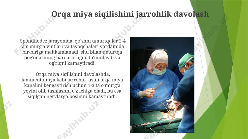 ni sezilarli darajada kamaytiradi va neyrologik tiklanish imkoniyatlarini oshiradi. umurtqa pog'onasining tug'ma nuqsonlarini jarrohlik davolash jarrohlik davolash usullari, jumladan, spina bifida yopish jarayonida, taxminan 10-15% hollarda qo'shimcha suyak transplantatsiyasi va osteosintez talab etiladi, bu esa bemorning yoshi va nuqsonning og'irligiga bog'liq. umurtqa pog'onasining tug'ma nuqsonlari, masalan, spina bifida yoki sakral ajinish kabi holatlarda, jarrohlik aralashuvlarning 85% dan ortig'i bolalik davrida amalga oshiriladi, bu asosan neyrologik shikastlanishlarni oldini olishga qaratilgan. umurtqa pog'onasining travmatik shikastlanishlarini jarrohlik davolash umurtqa pog'onasining murakkab sinishlarini davolashda, polisegmentar stabilizatsiya, o'rtacha 4-6 ta umurtqani o'z ichiga oladi va jarrohlik vaqti 3-5 soatgacha cho'zilishi mumkin. umurtqa pog'onasining siqilish sinishiga jarrohlik aralashuv, masalan, vertebroplastika yoki kifoplastika, o'rtacha 60-90 minut davom etadi va bemorning og'riq darajasini sezilarli darajada kamaytiradi. orqa miya patologiyasini jarrohlik davolash usullari disk herniyasini davolashda, mikrodissyektomiya yoki diskektomiya kabi jarrohlik usullari, shikastlangan diskning bir qismini olib tashlash orqali, nerv ildizlariga bosimni kamaytiradi, bu esa 95% hollarda og'riqni yo'qotishga …