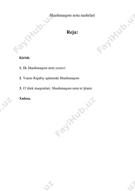 yozuv namunalari yuqori sifatda taqdim qilingan. qolaversa, atoqli bastakorlar, musiqashunos olimlar va tajribali ustozlar tomonidan keng ko’lamdagi musiqiy kitoblar, ilmoiy maqolalar va o’quv-uslubiy qo’llanmalar yozilib, o’rganish uchun qulay holatga keltirdilar. bularning bachasi bizning jozibador maqom ijrochiligimiz rivoji uchun tashlangan qadamdir. zero, maqom ijrochiligi o’zbek musiqa san’atida o’zining betakrorligi va qadrliligi bilan muhim ahamiyat kasb etadi. quyida maqomchilikning go’zal namunasi hisblangan shashmaqomning nota nashrlari haqida va ularning rivojiga hissa qo’shgan insonlar haqida ma’lumotlar beriladi. ilk shashmaqom nota yozuvi ilk bor vii-viii asrlarda xalq musiqasi negizi va mahalliy professional ijrochilik an‘analarining rivoji yirik turkumli janrlar shakllanishiga olib keldi. jumladan, borbad ijodiga mansub “xusravoniy” turkumi. ix-x asrlarda maqomsimon cholg‘u va ashula-cholg‘u asar va turkumlar rivojlanadi. xi-xiii asrlardan boshlab, to xvii asrgacha yaqin va o‘rta sharqda “duvozdahmaqom” – 12 maqom turkumi keng tarqalib, musiqa amaliyotida qo‘llanib keldi. xviii asrda buxoroda yangi turkum – “shashmaqom” uzil-kesil shakllandi. xix asrda “xorazm maqomlari” turkumi va farg‘ona-toshkent maqom …