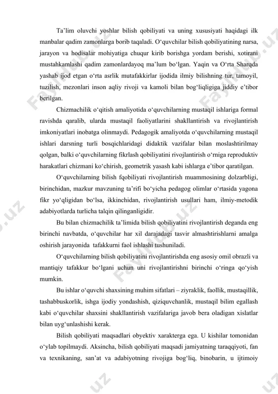 ish, qiziquvchanlik, mustaqil bilim egallash kabi o‘quvchilar shaxsini shakllantirish vazifalariga javob bera oladigan xislatlar bilan uyg‘unlashishi kerak. bilish qobiliyati maqsadlari obyektiv xarakterga ega. u kishilar tomonidan o‘ylab topilmaydi. aksincha, bilish qobiliyati maqsadi jamiyatning taraqqiyoti, fan va texnikaning, san’at va adabiyotning rivojiga bog‘liq, binobarin, u ijtimoiy tajribani o‘zlashtirish talablari, ehtiyojlariga ko‘ra belgilanadi. agar o‘quv faoliyati maqsadlari bilimlarni egallash, ko‘nikma, malakalarni shakllantirish ehtiyojlari zaminida shakllantirilsa, bilish qobiliyati maqsadlari yanada keng, mazmun jihatdan boy hodisalarga borib taqaladi. bunday hodisalar qatoriga o‘quvchining jamiyatda o‘z o‘rnini anglashga intilishi, sinfdosh va tengdoshlari bilan fikrlashish ishtiyoqi, o‘zini yaxshi fazilat, odatlarga tayyorlash uchun kurashi, o‘quv predmetlaridan birontasini boshqalarga nisbatan xohlab qolish, unga qiziqishi kabilar kiradi. o‘z-o‘zini tarbiyalash, faollashtirish maqsadi o‘z faoliyatida yutuq va kamchiliklarni tahlil qilish, kamchiliklarni bartaraf etishga intilish, faoliyatdagi yutuqlarni ko‘paytirish, qiyinchiliklarni bartaraf etishga oid maqsadlardir. bola u yoki bu masalani qanday, qaysi yo‘llar bilan bajarganini taxlil qilish, insho yoki yozilgan hikoyani qayta ko‘rib chiqish yo‘li …