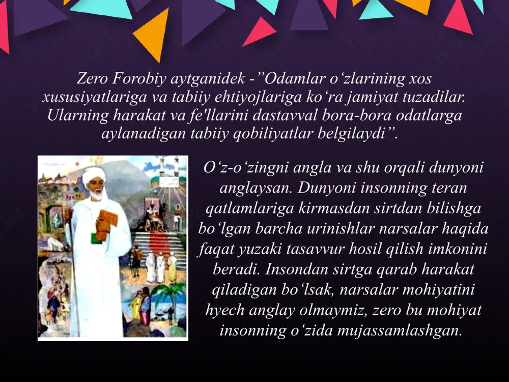 ishi va mavjudligining o‘ziga xos xususiyatlariga doir falsafiy qarashlarni aks ettiradi. falsafiy antropologiya xx asrning 20-yillarida asosan m.sheler, a.gelen, x.plesner asarlari ta'sirida uzil-kesil vujudga keldi. xususan, m.shelerning «insonning kosmosdagi o‘rni» asarida inson haqida fundamental fan yaratish lozimligi qayd etiladi va uni falsafiy bilish dasturi taklif qilinadi. adabiyotlar: romanenko y.m. bitiye i yestestvo: ontologiya i metafizika kak tipi filosofskogo znaniy. – m., 2003. 784 s. falsafa asoslari. nazarov q tahriri ostida. –t.: sharq, 2005 shermuxamedova n.a. gnoseologiy. –t.o‘fmj. 2007 g‘arb falsafasi. nazarov q tahriri ostida. –t.: sharq, 2005. nazarov q.n. bilish falsafasi. –t.: universitet, 2005. falsafa. ahmedova m. tahriri ostida –t.: ofmj, 2006 image2.jpg image3.jpeg image4.png image5.jpeg image6.jpeg image7.jpeg image8.jpeg image9.jpeg image10.jpeg image11.jpeg image12.jpeg image13.jpeg image1.jpg