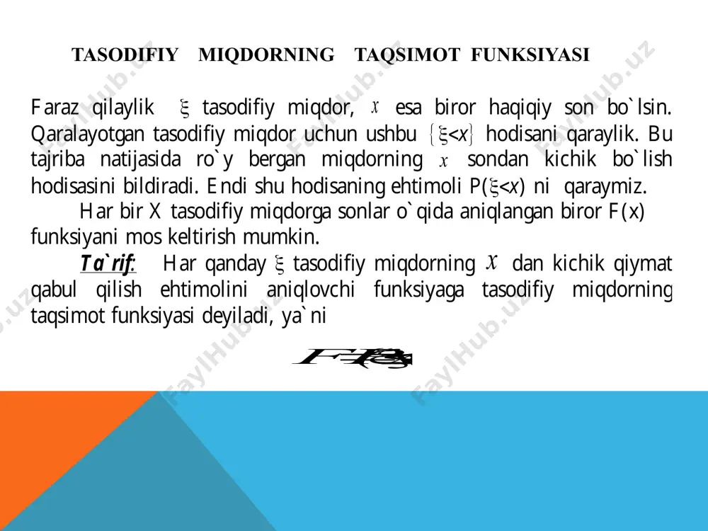 mat еmatik statistika» s .x . sirojiddinov, m . m. mamatov. t. «o`qituvchi». 3. «ehtimollar nazariyasi va mat еmatik statistika» v. е. gmurman . t. «o`qituvchi» 1980 yil . 4. «ehtimollar nazariyasi va mat еmatik statistikadan masalalar to `plami» m. mamatov . t. «o`qituvchi» 1989 yil. /docprops/thumbnail.jpeg