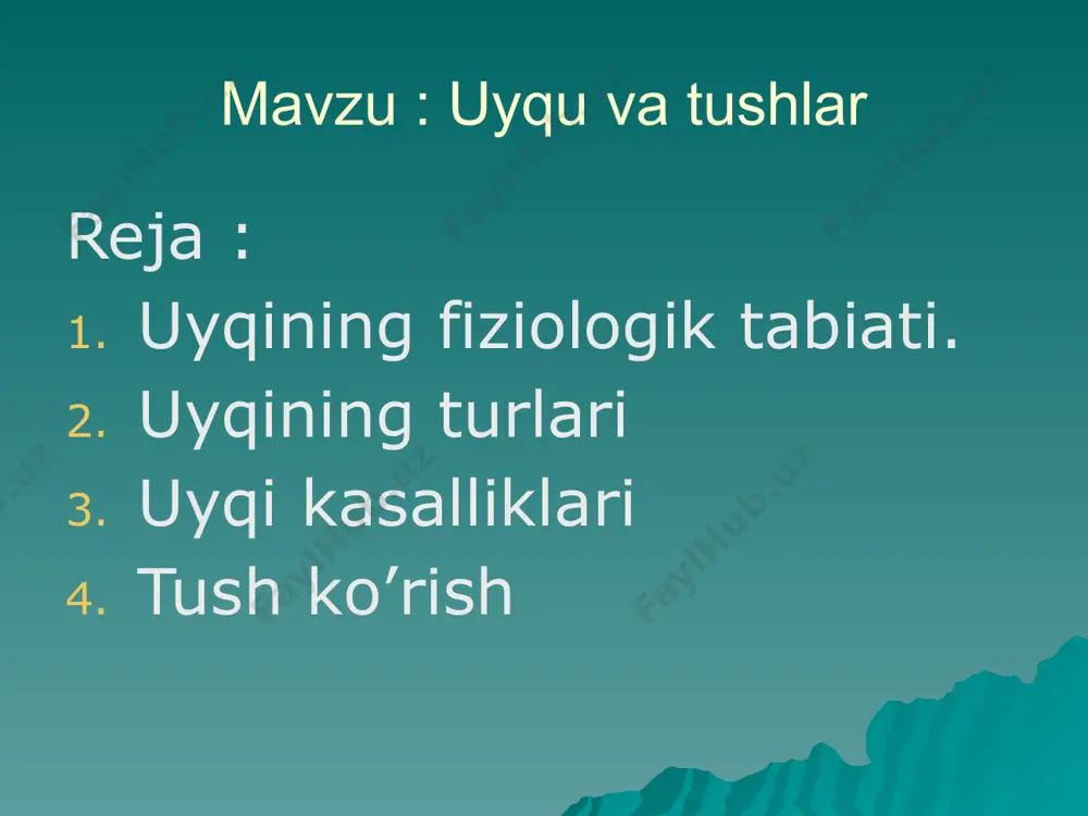 lati bolib, bu vaqtda nerv hujayralari dam oladi, energiya to'playdi. shuning uchun to'yib uxlagandan keyin odamning kayfiyati yaxshi boladi, ish qobiliyati ortadi. tungi uyqu^jr^l bosqichdan iborat bolib, har qaysi bosqichda sekin va fez uyqu davrlari takrorlanib turadi. sekin uyqu davri 1—1,5 soat, tez uyqu davri 10—30 minut davom etadi. uyqu davrida nafas olish, yurak urishi sekinlashadi. binobarin, bu vaqtda bosh miya nerv hujayraiarida tormozlanish holati chuqurlashadi. tez uyqu davrida nafas olish, yurak urishi malum darajada tezlashadi. buning sa-babi shundaki, bu vaqtda bosh miya nerv hujayraiarida tormoz­lanish susayadi. shuning uchun tez uyqu davrida ba'zan tush ko'jish sodir boladi. образец текста второй уровень третий уровень четвертый уровень пятый уровень uyqi turlari tabiiy fiziologik uyqu gipnotik uyqi narkotik uyqi uyqi kasalliklari tabiiy fiziologik uyqu har kungi tundagi normal uyqudir^odam organizmining tabiiy fiziologik uyquga ehtiyoji yoshga qarab turlicha bo'ladi. chaqaloqlarda bir kecha-kunduzda 21—22 soat, 1 yoshli bolada 16-17 soat, 6-7 yoshda 12-13 soat, 13-14 …