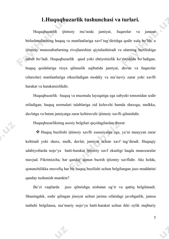 o‘z-o‘zidan ijtimoiy xavfning aniq va xolis mezoni bo‘la olmaganidek, kishi hatti-harakatining qonuniyligi yoki noqonuniyligini ham belgilamaydi. gegelning “falsafa huquqi” asarida kishi o‘z harakati uchun javob berishi to‘g‘risida ta’kidlangan bo‘lsa, e’tiqod uchun, intilish uchun javob bermasligi atroflicha ifoda qilingan. · huquq buzilishi-aybli qilmishdir. agar shaxsning harakatida ayb bo‘lmasa,garchi uning holati cheddan qaraganda huquqiy tartibga qarama-qarshi ko‘rinsa ham uning harakati huquqnig buzilishi hisoblanishi mumkin emas. masalan, zaruriy mudofaa holatida odam o‘ldirish. huquqbuzarlik yuridik fakt bo‘lib hisoblanadi, u o‘z navbatida qo‘riqlovchi xarakterga ega bo‘lgan huquqiy munosabatlarni yuzaga keltiradi. huquqbuzarlikning tarkibi muayyan huquq normalarini sharhlashda, uning mazmunini ochib berishda hamda dunyoqarash nuqtai nazaridan muhim ahamiyatga egadir. u o‘z ichiga to‘rtta unsurni qamrab oladi: obyekt, subyekt, obyektiv tomon va subyektiv tomon. huquqbuzarlikning obyekti deb huquq bilan tartibga solinadigan va qo‘riqlanadigan ijtimoiy munosabatlarga aytiladi. obyekt huquqiy normada aniq mustahkamlangan bo‘ladi. huquqbuzarlikning obyektiv tomoni bo‘lib shaxsning harakat yoki harakatsizligi oqibatida huquqning buzilishi hamda uning ijtimoiy xavfliligi hisoblanadi. …