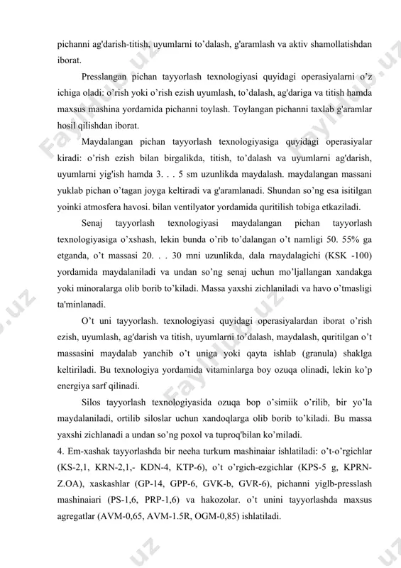 i a undan so’ng poxol va tuproq'bilan ko’miladi. 4. em-xashak tayyorlashda bir neeha turkum mashinaiar ishlatiladi: o’t-o’rgichlar (ks-2,1, krn-2,1,- kdn-4, ktp-6), o’t o’rgich-ezgichlar (kps-5 g, kprn-z.oa), xaskashlar (gp-14, gpp-6, gvk-b, gvr-6), pichanni yiglb-presslash mashinaiari (ps-1,6, prp-1,6) va hakozolar. o’t unini tayyorlashda maxsus agregatlar (avm-0,65, avm-1.5r, ogm-0,85) ishlatiladi. o't-o'rgichlarning asosiy ish organi- qirqish apparatlari hisoblanadi. hozir amalda segment-barmoqli, barmoqsiz, rotasion diskli va rotasion barabanli qirqish apparatlaridan foydalanib kelininoqda. segment barmoqli qirqish apparatini o’simliklarni qirqish jarayoni qaychida ishlash prinsipiga o’xshashdir. bunda qirqish juftini segmenti pichoq va plastinka tashkil etadi (ks-2,1). ratorli qirqish apparatlari to’rtta diskli rotordan iborot bo’lib, ularga sharnirli qilib plastikasiion pichoqlar mahkamlangan. rotorlar juft-juft bo’lib, bir-biriga tomon 40. . . 60 m/s aylanma tezlik bilan aylanadi. pichoqlar zarb bilan o’simliklarga o’riladi va ularni kesadi. bunday apparatlar yuqori hosildorli maydonlarda va yuqori tezlikda pichan o’rishda foydalaniladi (krn-2,1). rotor - barabanli qirqish apparati ayianadigan gorizontal o’qli baraban bo’lib, ularga vint chiziq bo’ylab …