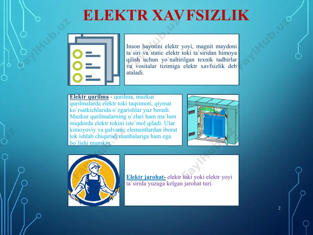 ktr toki ta’sirida inson terisiga metallning ta`siri * elektr mexanik jarohatlar – elektr toki ta`sirida mushaklarning beixtiyor qisqarishi. natijada terining yorilishi, qon tomiri va asab tolalarining shikastlanishi, bog`imlarning chiqishi yoki sinishi kuzatilishi mumkin. mexanik jarohatlar – odatda juda kam uchraydi lekin uzoq davolanadigan jarohatlar turiga kiradi. * elektrooftalmiya * elektr toki urishi – elektr jarohat, elektr tokining reflektor ta`sirida vujudga keladi. (nerv tizimini falajlaydi). elektr toki inson tanasidan o`tish asnosida asab tizimi nerv tolalariga ta`sir o`tkazadi va inson tanasi a`zolari va mushaklari qattiq qisqarishi, yurak to`xtab qolishi asoratlarini namoyon qilishi mumkin. * * 1000 v gacha bo`lgan kuchlanish ta`sirida jarohatlanish imkoniyat doirasida tez amalga oshirish zarur: tok manbai ajratkich(rubilnik)larini uzing; tokka ulangan shtepselni uzing; xavfsizlik tiqinlarini chiqazib tashlang; xavfsizlik tiqinlarini uzing …. agarda elektr uskunani tezda kuchlanish ta`siridan chiqazishning (o`chirishning) imkoniyati bo`lmasa u holda qutqaruvchi quyidagi ishlarni amalga oshirishi shart: * quruq taxta, g`ola yoki tok o`tkazmaydigan kiyimni ustiga chiqib …