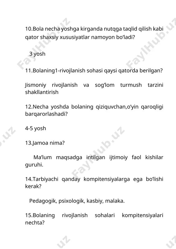 kompetensiyalari nechta kichik sohaga bo’linadi. 3 48.“ijodiy rivojlanish” sohasi qanday kichik sohalarga bo‘linadi? dunyoni badiiy tasavvur etish, badiiy-ijodiy qobiliyatidir. 49.men” konsepsiyasiga qaysi qatorda to‘g‘ri tariff keltirilgan. bolaning o’zi haqidagi tasavvurlari tizimi, uning refleksiv faoliyatining bir qismi 50.erta yoshdagi bolalik davri nech yoshlarni o‘z ichiga oladi? 1 yoshdan 3 yoshgacha 51.lego ,mozaika,tangram,tuxum bular qanday o’yin turiga kiradi? stol o’yinlari 52.,ijodiy rivojlanish”soha qanday kichik sohalarga bo’linadi? dunyoni badiiy tasavvur etish, badiiy ijodiy qobiliyatlar 53.shaxs tushunchasiga xos sifat qaysi qatorda to‘g‘ri keltirilgan? atrofdagi insonlar bilan ongli ravishda muloqotga kirishadigan jamiyatning azosidir 54.shaxsning uch asosiy belgisi qaysi qatorda to‘g‘ri keltirilgan shaxsning ijtimoiyligi, ongi, o’zini anglash 56.kasbiy kompetentlik bu….. mutaxasis tomonidan kasbiy faoliyatni amalga oshirish uchun zarur bo’lgan bilim, malaka, ko’nikmalarning egallashi va ularni amalda yuqori darajada qo’llay olinishi tushuniladi. 57.ilk qadam davlat o‘quv dasturi bo‘yicha 6-7 yoshli bolaning tayanch kompetensiya turlari qaysi qatorda to‘g‘ri berilgan? kommunikativ kompetensiya, shaxsiy kompetensiya, ijtimoiy kompetensiya, bilish kompetensiyasi. 58 …
