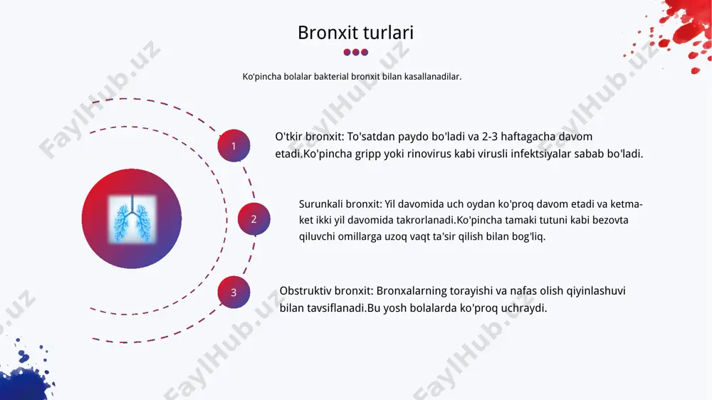 yo’llaringiz tirnash xususiyati bo’lganda, sizning immunitetingiz ularning shishishi va shilliq bilan to’lib ketishiga olib keladi. balg’amni tozalashga harakat qilish uchun yo’taling. nafas olish yo’llarida shilliq yoki yallig’lanish bor ekan, siz yo’talasiz. bronxitlar kelib chiqishida – gripp, paragripp, rinovirus,adenoviruslarning o ʻ rni katta. bronxit belgilari boshqa nafas kasalliklari belgilaridan farq qiladi belgilari va diagnostikasi kasallikning ilk belgilari yutalish: avval quruq, keyin samarali (balg'am bilan). harorat: tana haroratining ko'tarilishi, ba'zan yuqori darajali xirillash: nafas olayotganda, ayniqsa nafas chiqarayotganda eshitiladi. nafas qiyinlashuvi: nafas olish qiyinlishuvi, ayniqsa jismoniy mashqlar paytida. umumiy bezovtalik: zaiflik, charchoq, bosh og'rig'i. ko'krak og'rig'i: ko'krak suyagi orqasida noqulaylik yoki og'riq hissi, yo'talayotganda kuchayadi. bolalarda bronxit belgilari bolalarda obstruktib bronxitda ko ʻ krak sohasida xirillashlar eshitiladi. odatda nam va xushtaksimon xirillash kuzatiladi. ba ʼ zida bunday tovushlarni fonendoskopsiz ham masofadan eshitsa bo ʻ ladi. nafas chiqarish esa uzayadi. bolalarda bronxiolit va obstruktiv bronxit belgilari bronxiolit kasalligida hansirash – 1 daqiqada 80-90 …