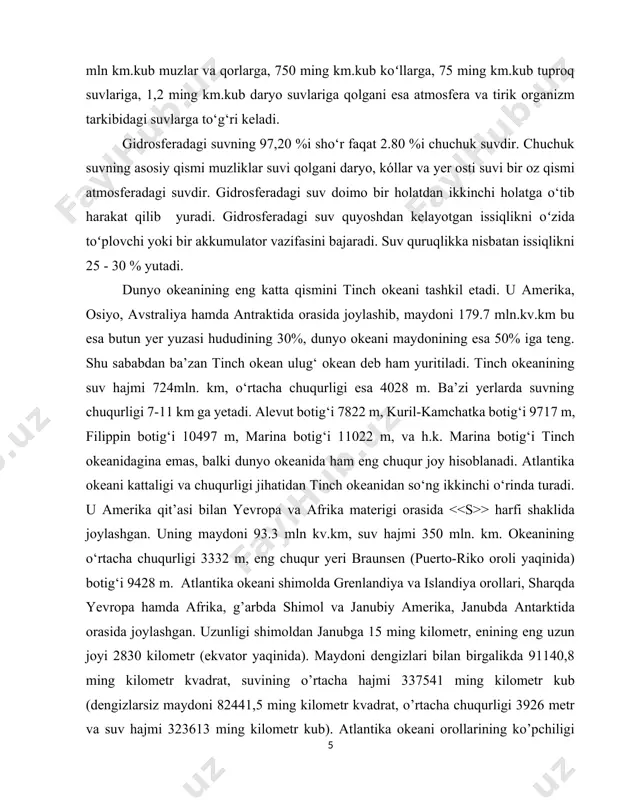 oli (antraktida) gacha o‘tkaziladi. tinch okean bilan hind okeani orasidagi chegara vilyams yeri (antraktida 70* janubiy kenglik va 163* sharqiy uzunlik) dan tasmaniya oroli orqali o‘tqaziladi. atlantika okeani bilan shimoliy muz okeani orasidagi chegara shimoliy amerikadan 32* parallel bo‘lib grenlandiya oroliga, grelandiya orolidan 65* shimoliy kenglikdan skandinaviya yarim orolining 59* shimoli kenglikgacha boradi. atlantika okeani bilan hind okeani orasidagi chegara antraktidadagi lars yeri (68*janubiy kenglik, 69*sharqiy uzunlik) dan kergelen oroli orqali afrikaning janubiy-sharqiy qirg‘og‘igacha boradi.okean suvining sho‘rligi va undagi gazlar. dunyo okeani massasining 96.5 foizi suvdan, qolgani esa erigan har xil tuzlardan, gazlardan va mayda zarrachalardan iborat. okean suvida erigan holda bo‘lgan hamma kimyoviy elementlar bo‘lib, ulaming ko‘pchiligi tuzlardir. tuzlar ichida eng ko‘pi natriy xlor (nacl-77.9 foizi), magniy xlor (mgcl-10.9 foiz). shuningdek, okean suvida oltin, kumush, mis, fosfor, yod kabi moddalar ham mavjud. okeanlardagi mineral moddalaming miqdori 5.10 tonna boʻlib , butun okean suvi massasining 3.5 foizini tashkil etadi. okean …