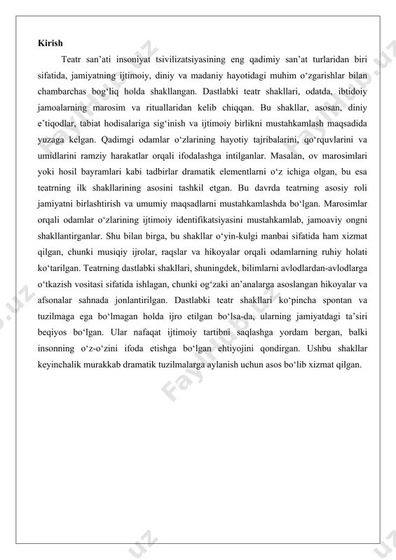 eyinchalik murakkab dramatik tuzilmalarga aylanish uchun asos bo‘lib xizmat qilgan. teatrning tarixiy rivojlanishi teatr san’atining tarixiy rivojlanishi bir necha muhim davrlarga bo‘linadi, ularning har biri o‘ziga xos xususiyatlarga ega bo‘lib, jamiyatning ijtimoiy-madaniy o‘zgarishlariga moslashgan. ushbu davrlar orasida qadimgi dunyo, o‘rta asrlar, uyg‘onish davri va zamonaviy teatr alohida e’tibor talab qiladi. qadimgi dunyo teatri qadimgi dunyo teatri, xususan, qadimgi yunonistonda tragediya va komediya shakllarining paydo bo‘lishi bilan muhim bosqichga erishdi. bu davrda teatr diniy marosimlardan ajralib, mustaqil san’at turiga aylandi. dionis bayramlari kabi diniy festivallar teatrning rivojlanishiga zamin yaratdi, bu yerda xalq o‘z e’tiqodlarini sahnada ifodalash imkoniyatiga ega bo‘ldi. sofokl, evripid kabi dramaturg-yozuvchilar insonning ichki dunyosi, axloqiy dilemmalar va jamiyatdagi ziddiyatlarni aks ettiruvchi asarlar yaratdilar. teatr bu davrda nafaqat o‘yin-kulgi, balki falsafiy va ijtimoiy muhokamalar maydoni sifatida ham xizmat qildi.qadimgi rim teatri yunon teatridan meros olgan holda, o‘ziga xos xususiyatlarni shakllantirdi. rimliklar ko‘proq ommaviy tomoshalarga e’tibor berib, gladiator janglari va katta …